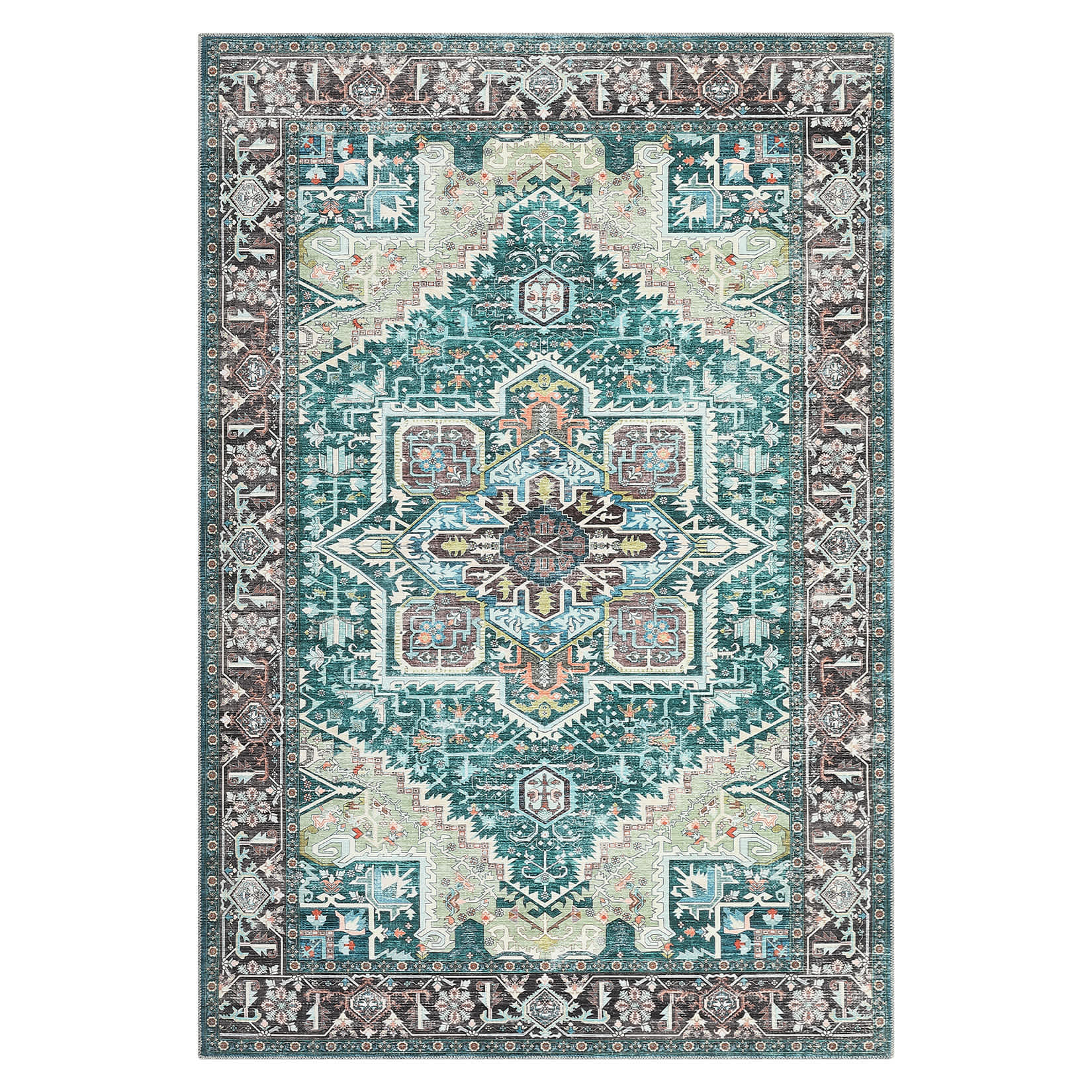 Qeetex LSN-PHO-0YGAFVED 8 x 10 ft Polyester Green Rectangular Hallway Bathroom Entryway Kitchen Office Foldable Flower Printed Persian Washable Area Rug