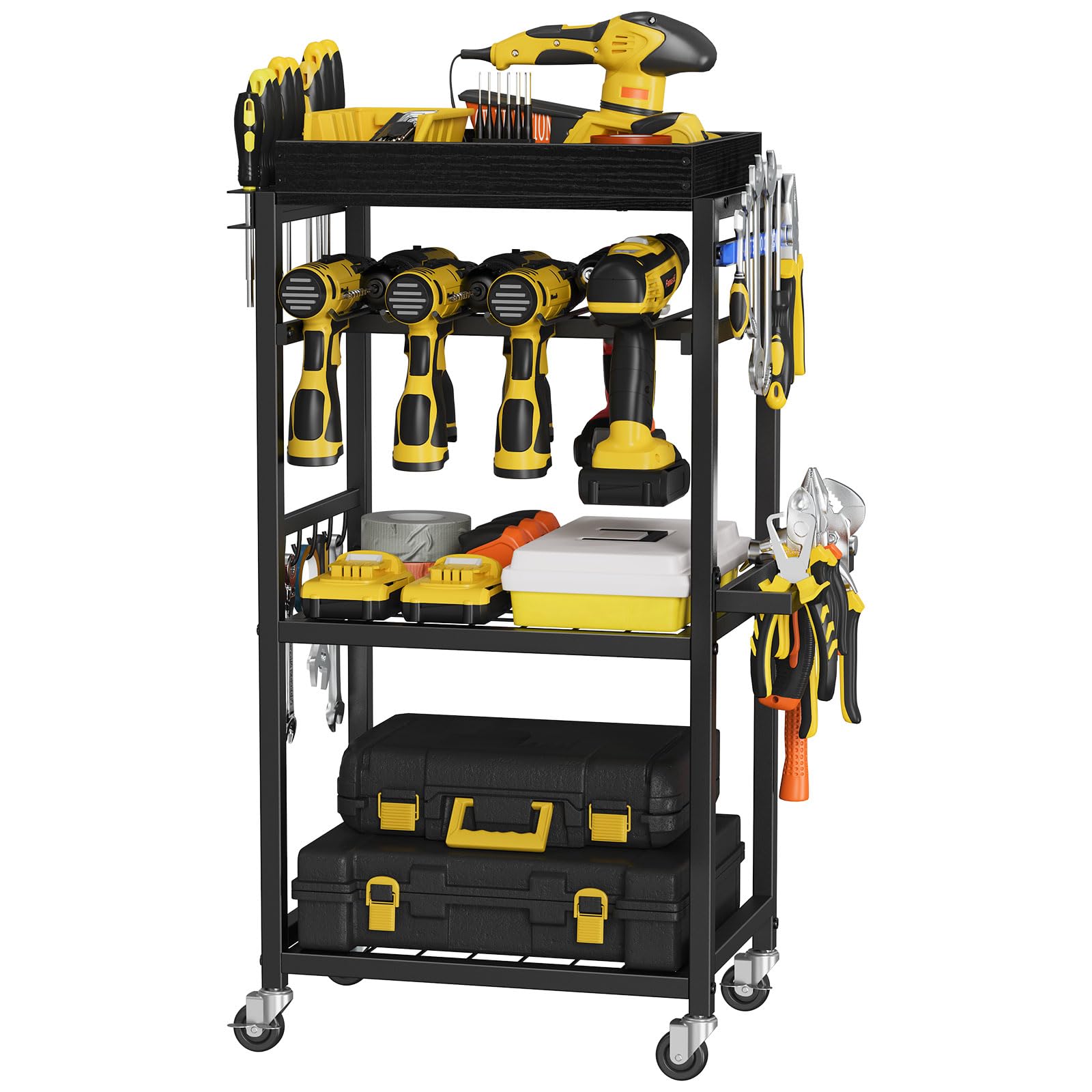 UUDULY  4 Tier Rolling Tool Organizer Cart with Magnetic Tool Holder Strip Heavy Duty Utility Rack for Garage Workshop Power Drill Storage