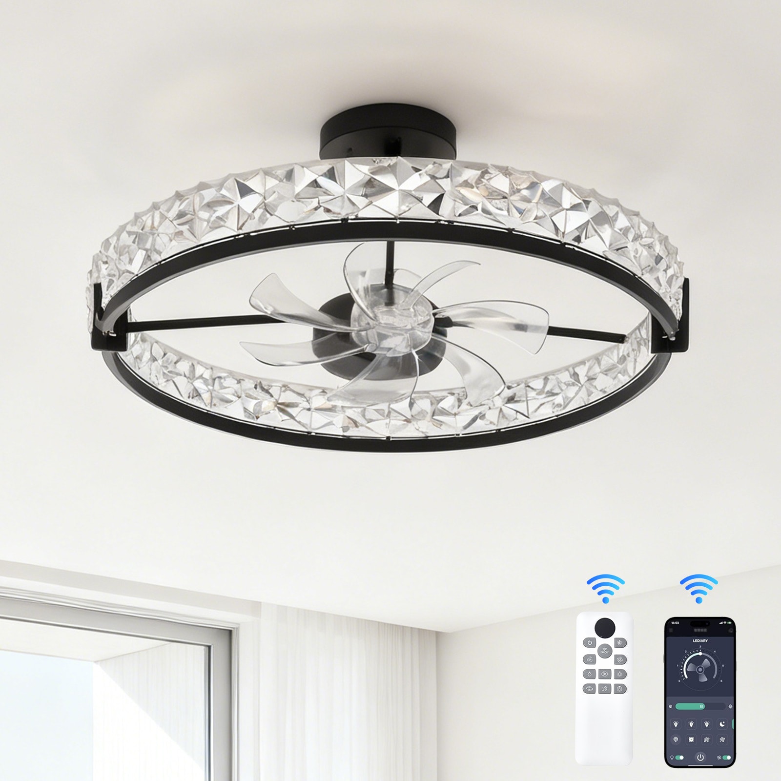 Garvee - Modern Black Flush Mount Ceiling Fan with Dimmable LED Light 6 Speeds and Remote Control...