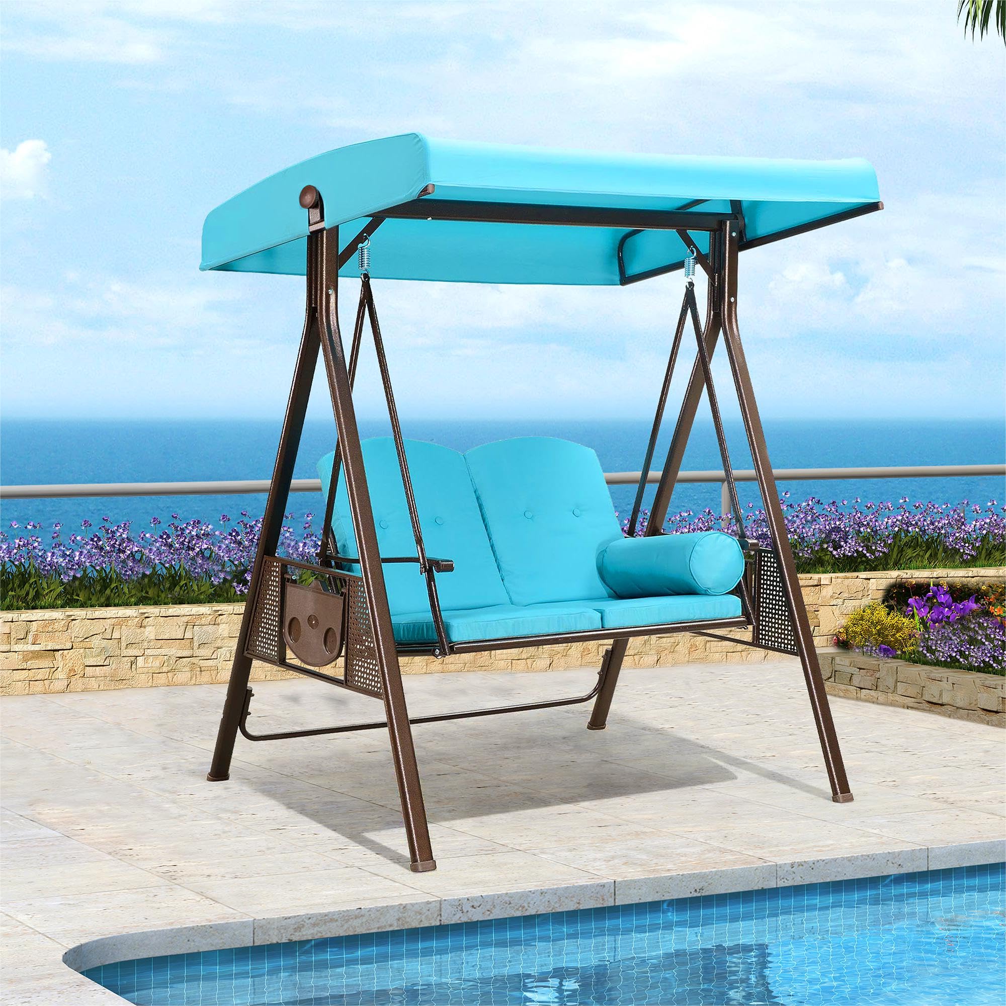 PURPLE LEAF LSPPS02-BL Outdoor Porch Swing 2 -person Turquoise Blue Aluminum Outdoor Swing