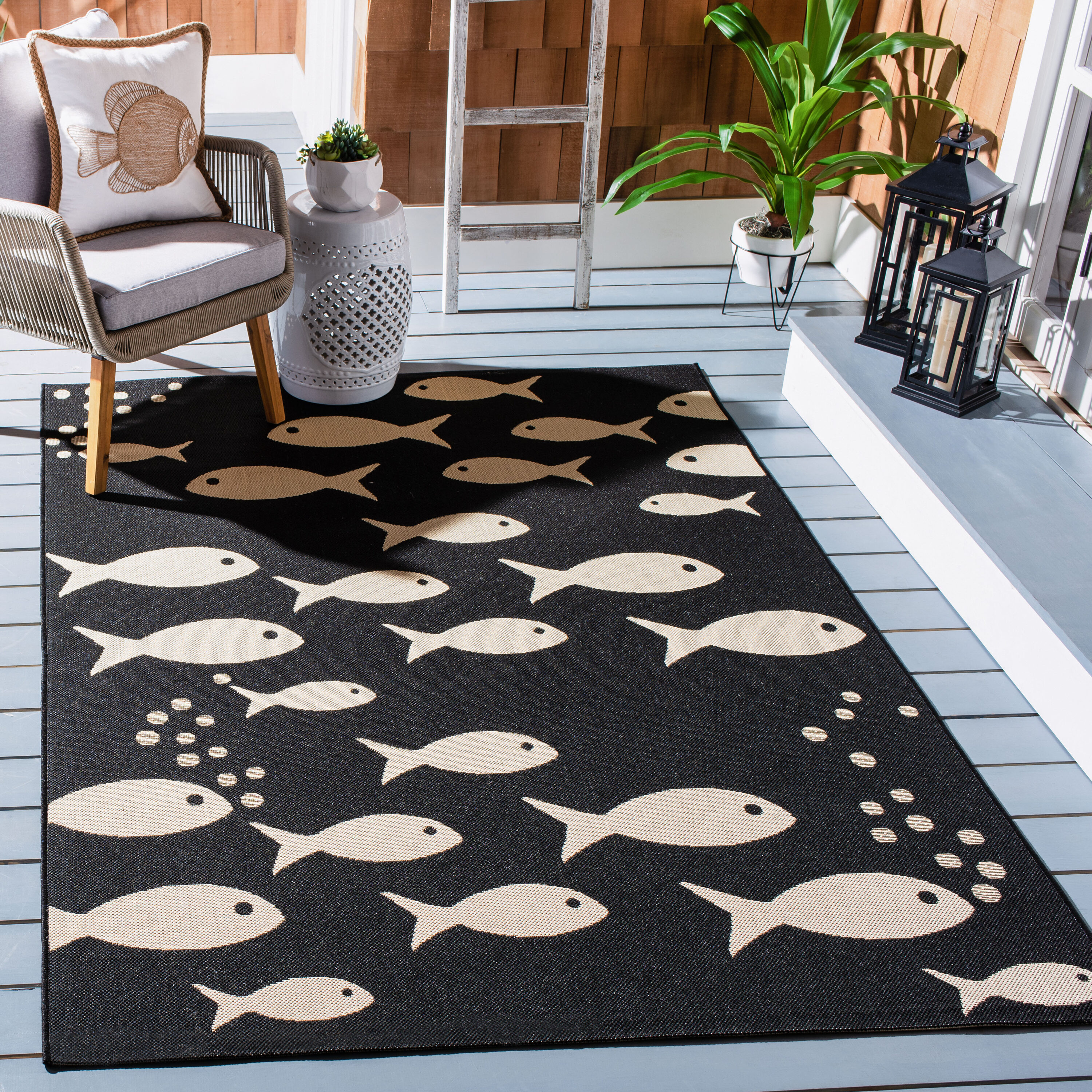 Safavieh CY6012-256-6 Courtyard 7 x 10 (ft) Loomed Synthetic Black/Beige Rectangular Indoor/Outdoor Geometric Area rug