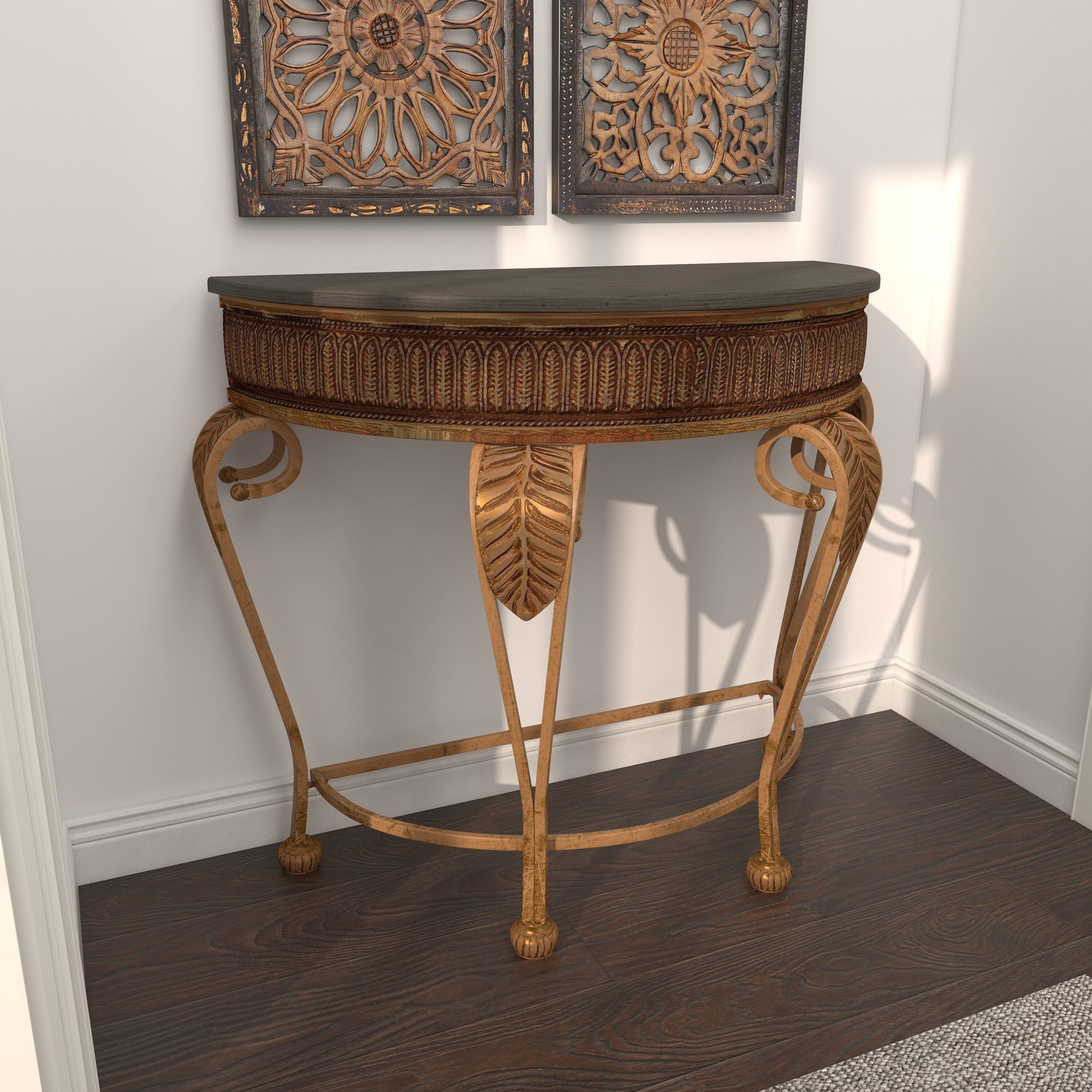 Gold Metal Demilune Console Table with Ornate Scroll Legs