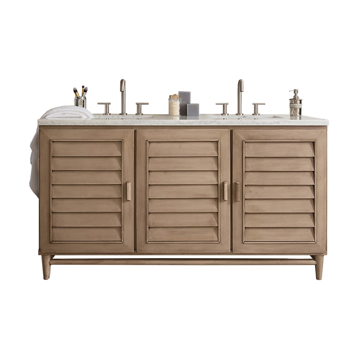 James Martin Vanities 620-V60D-WW-3CAR Portland 60-in Whitewashed Walnut Undermount Double Sink Bathroom Vanity with Carrara Marble Marble Top