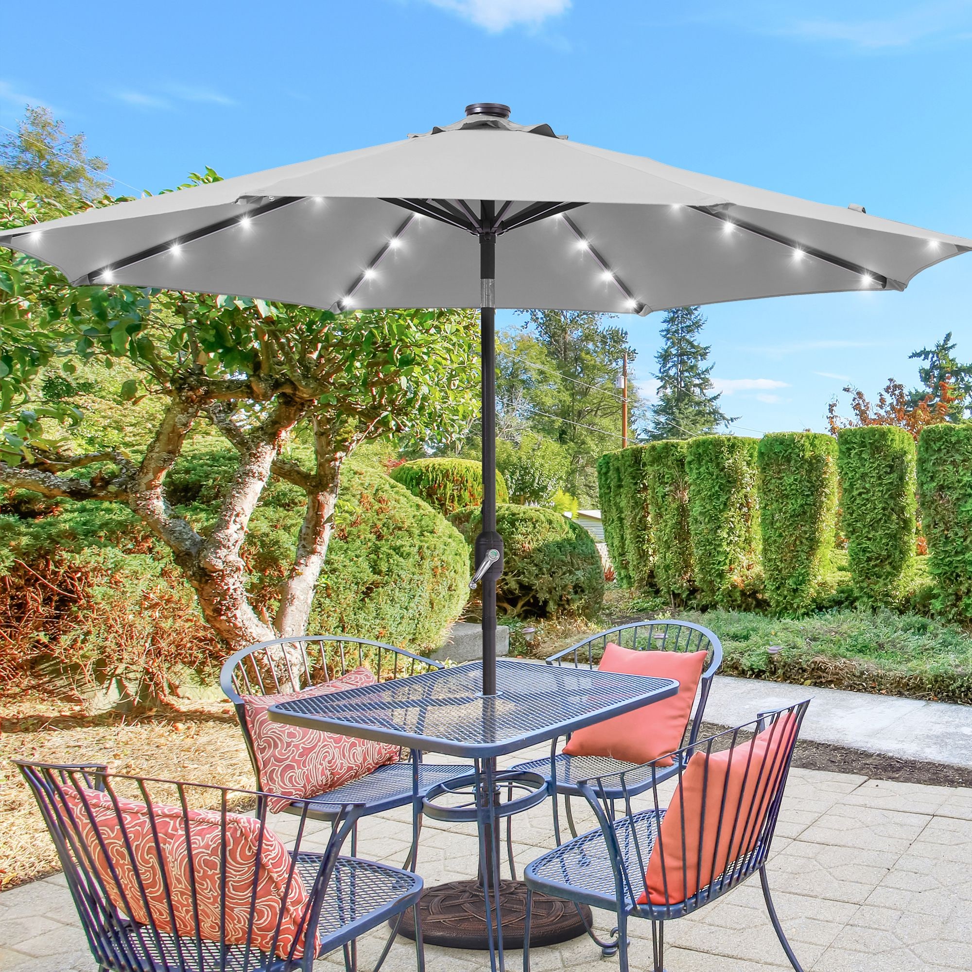 Sonkuki SD-TJLED09GY 9-Feet Steel Gray Push-button Tilt Market Patio Umbrella with Lights and