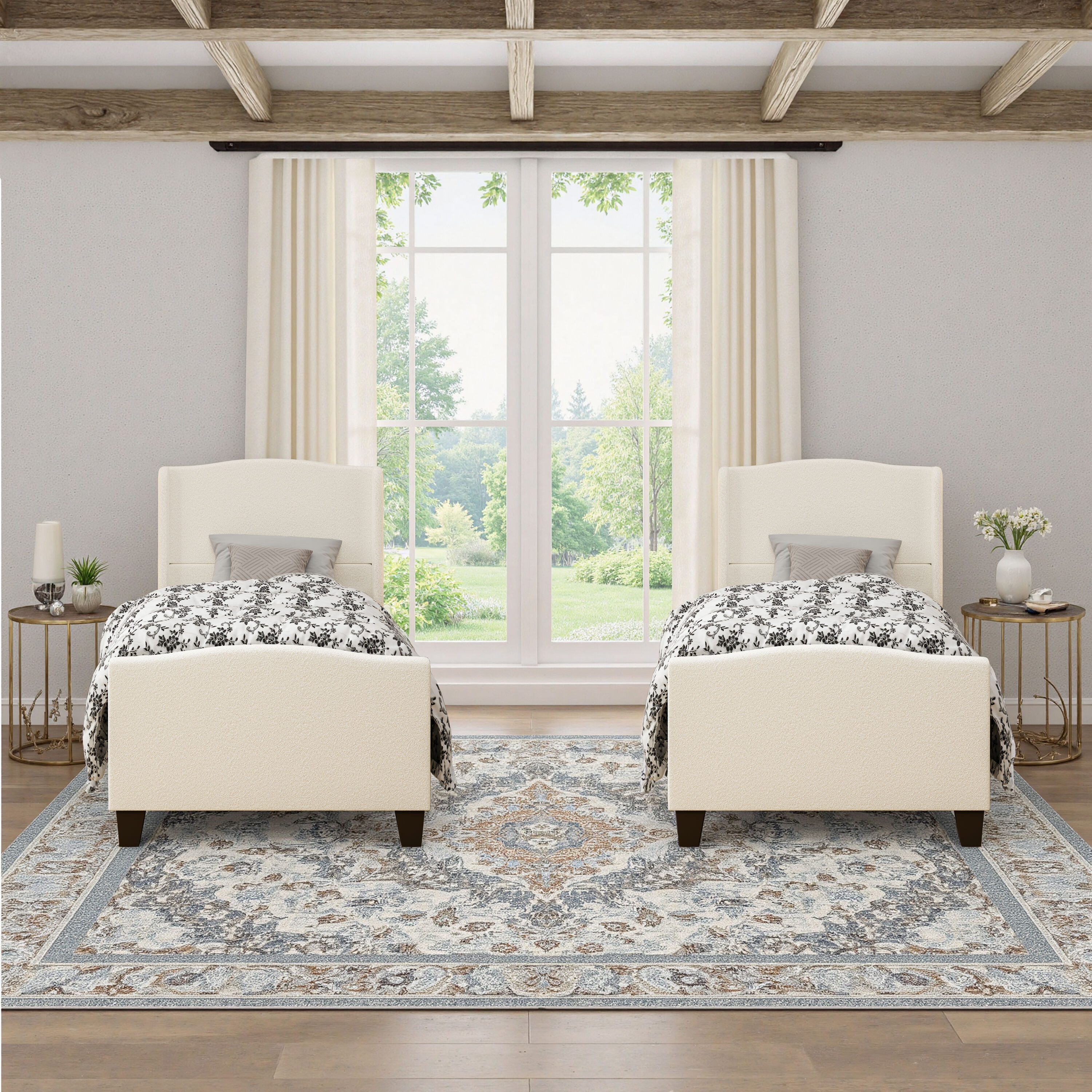 GDFStudio 342563 White Twin Size Bed Frame with 49.21 inches High Back Upholstered Headboard and 27.17 inches High Footboard