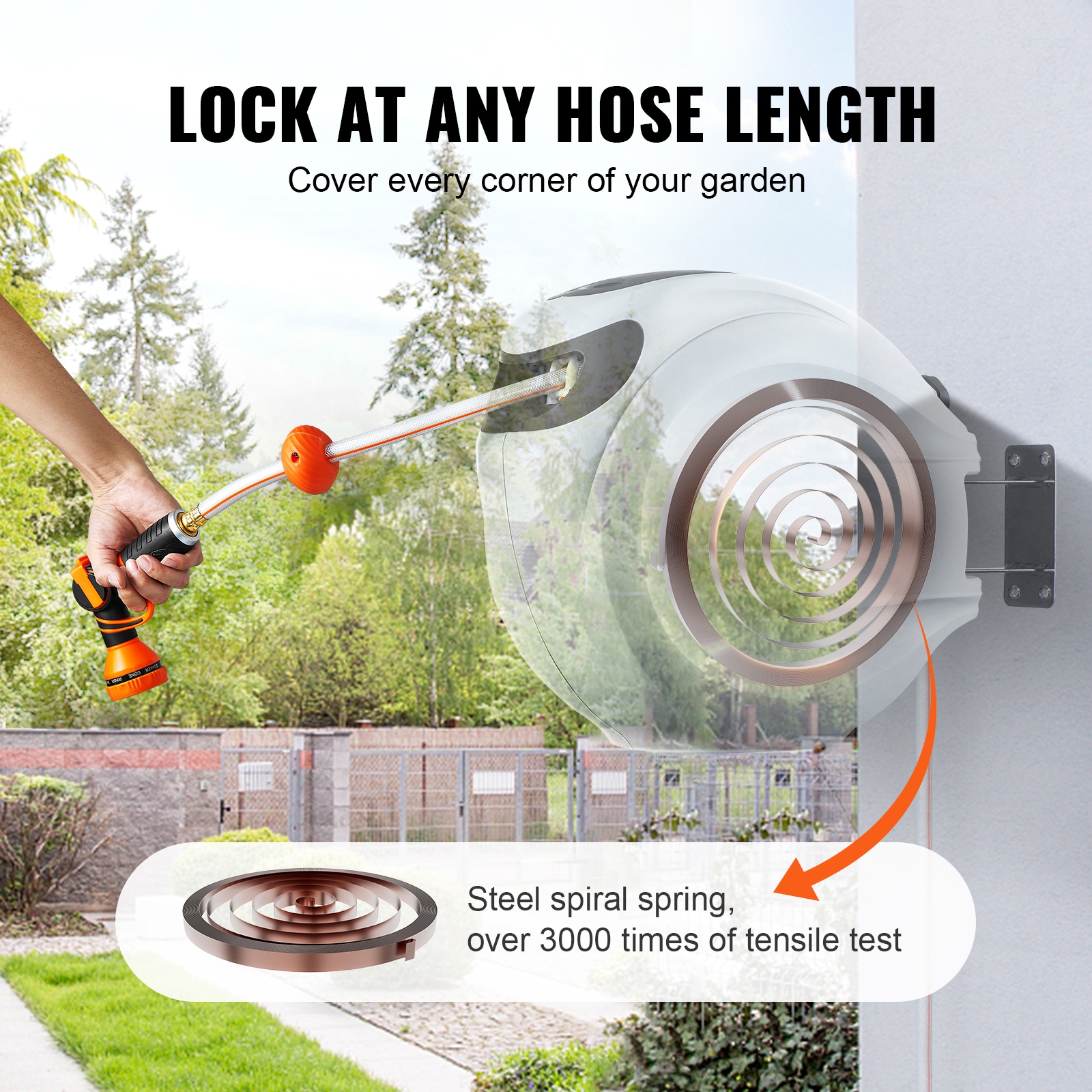 Garden Hose Pipe, 20M, Wall Mounted Hose Reel, Auto Retractable Hose Pipe,  Portable 180° Swivel 2-in-1 Jet or Spray, Auto Locking System, Garden Hose