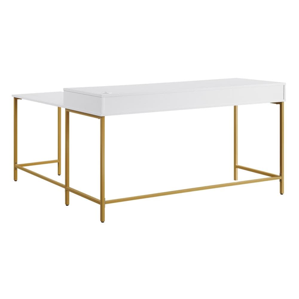 Sophisticated White Wood Corner Computer Desk with Charging Drawer