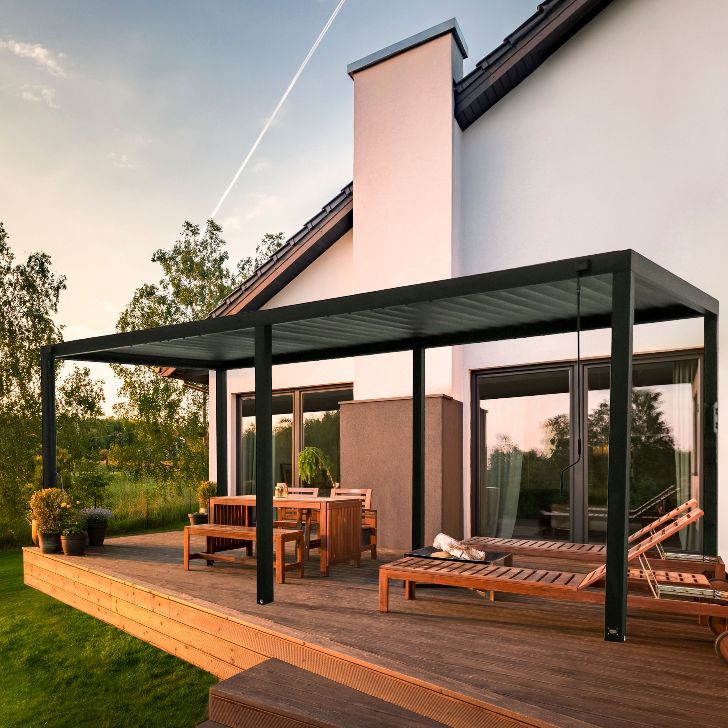 Sarasota Black Steel Louvered Pergola with Canopy