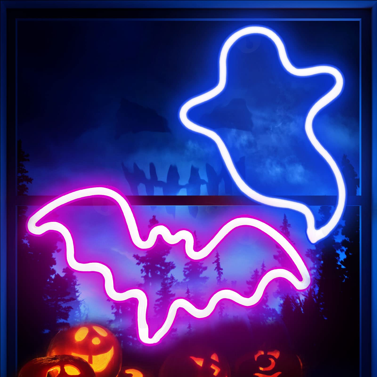 Oyezvary  2 pack Halloween LED neon sign lights ghost and bat design for indoor outdoor party window wall decor waterproof hanging spooky accent
