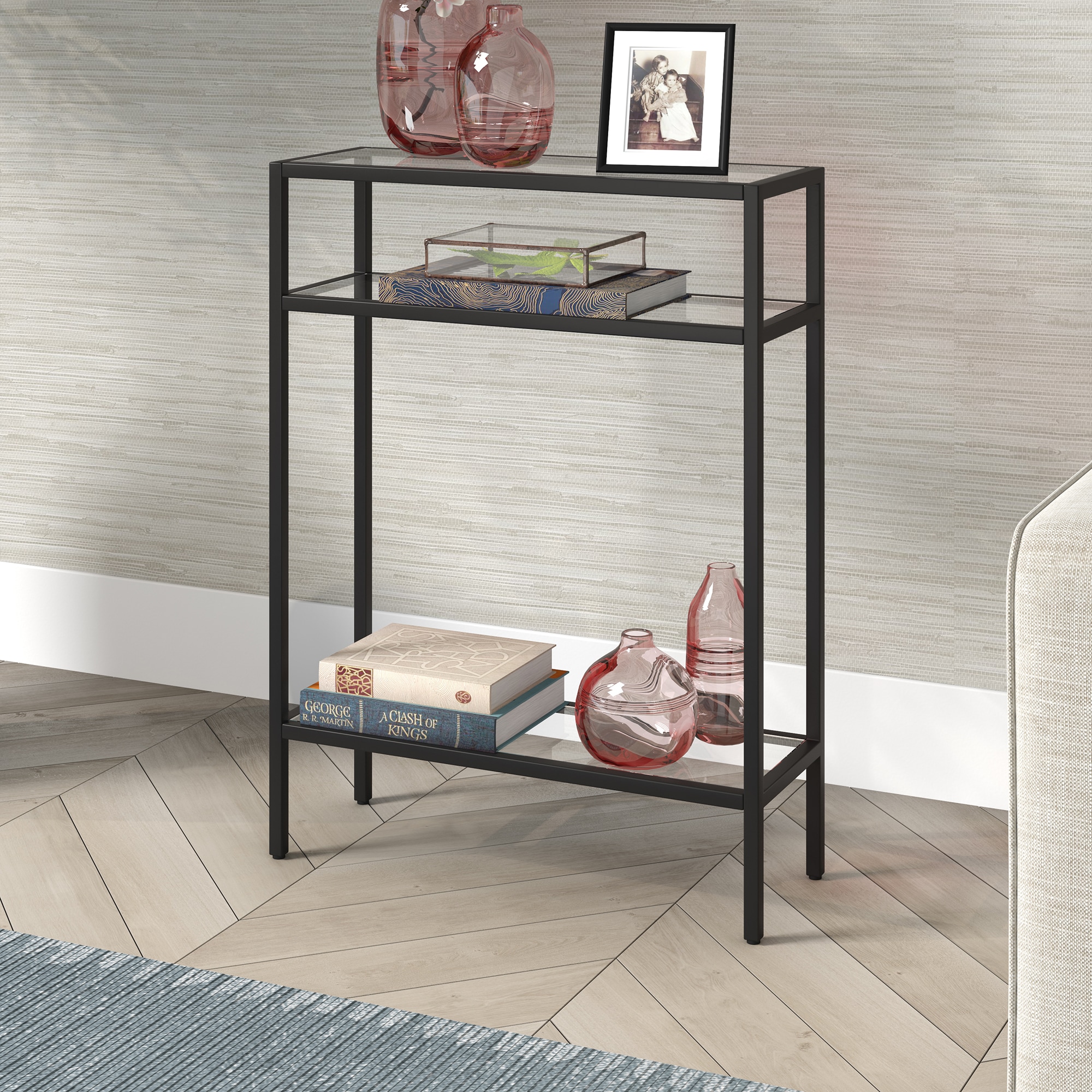 Blackened Bronze Glass Console Table with Storage, 29.5" Height