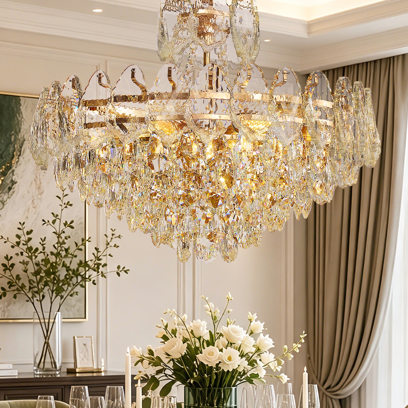 SILJOY 23.6-in Modern Brass Gold Tiered Crystal Drum Chandelier 12-Light Adjustable Height Sloped Ceiling Compatible Pendant Light for Dining Rooms Living Rooms and Foyers