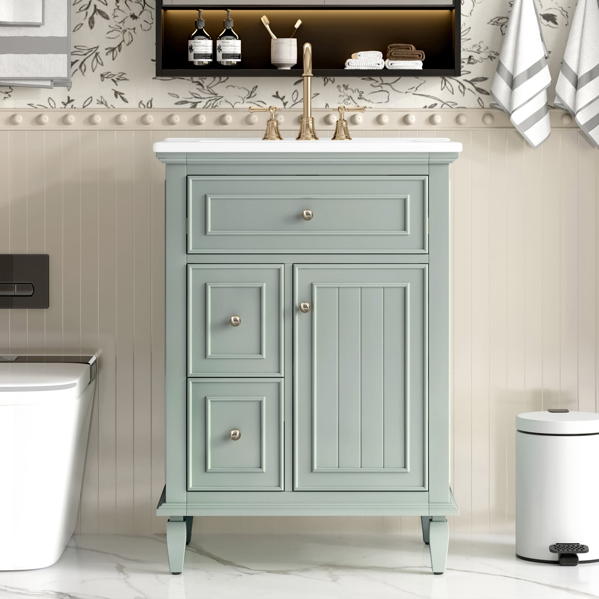 Homy Casa 24-in W Green Bathroom Vanity with Soft Close Drawers Adjustable Shelf Overflow Protection