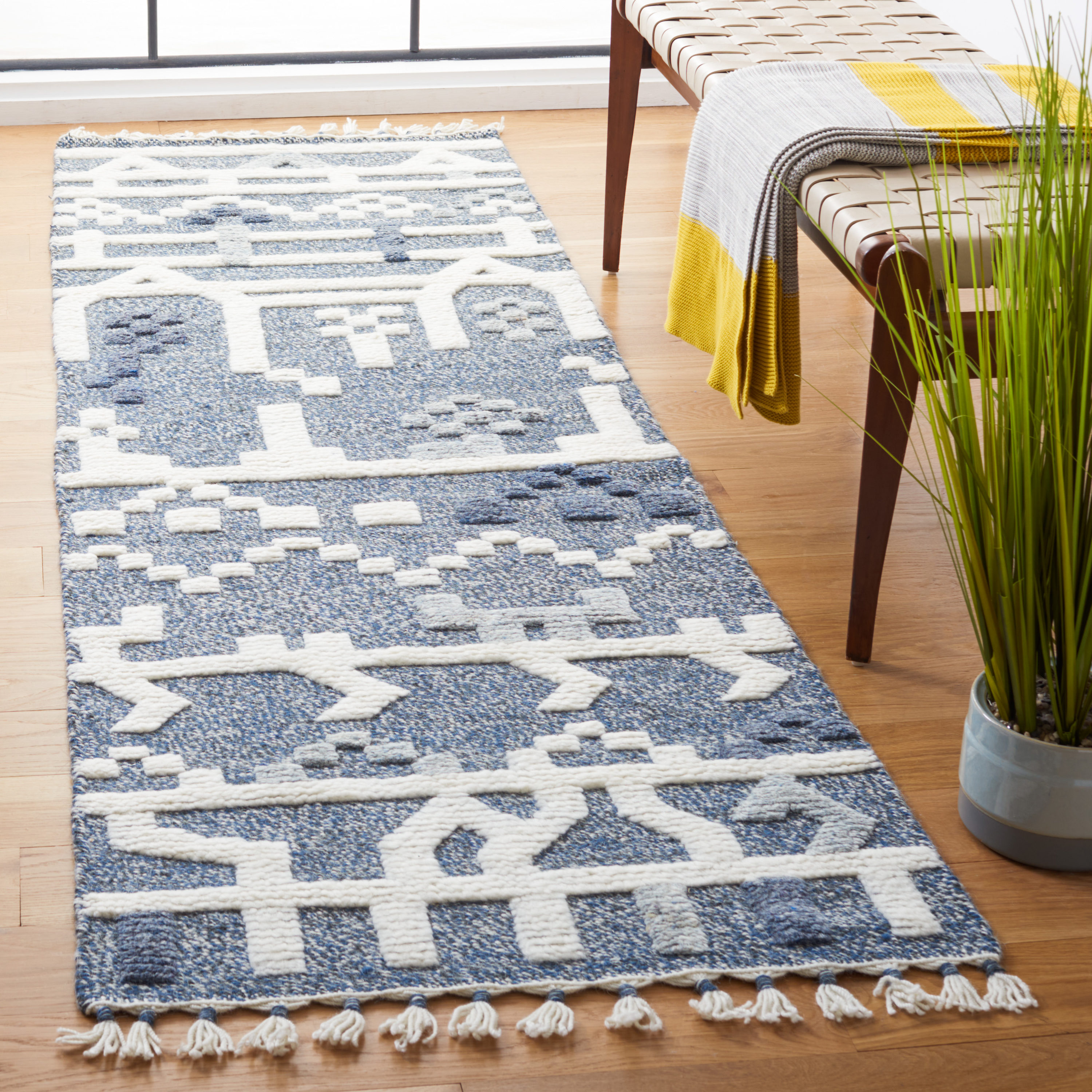 Blue and Ivory Hand-Knotted Wool Shag Runner Rug