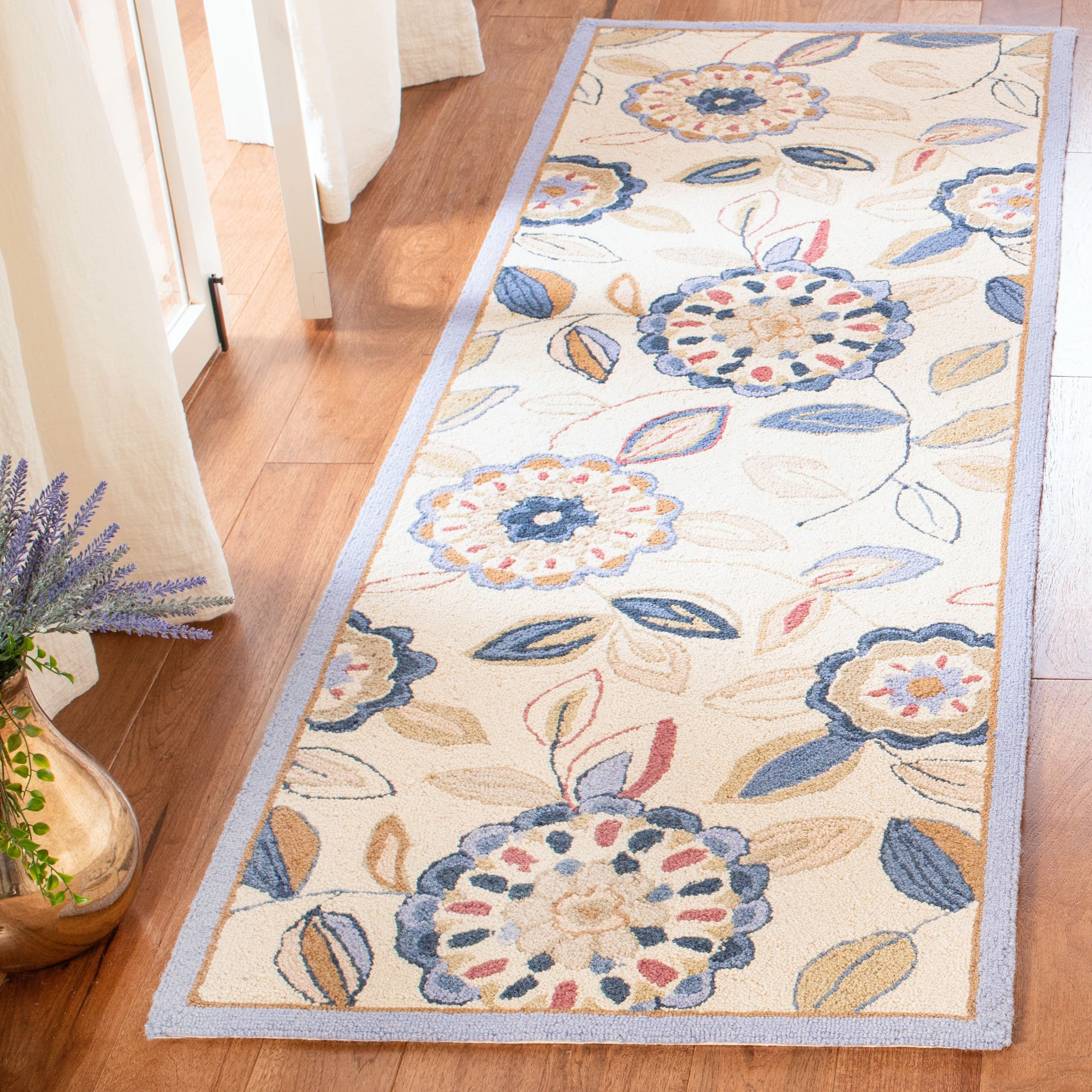 Ivory and Blue Floral Wool Runner Rug, 2'6" x 8'