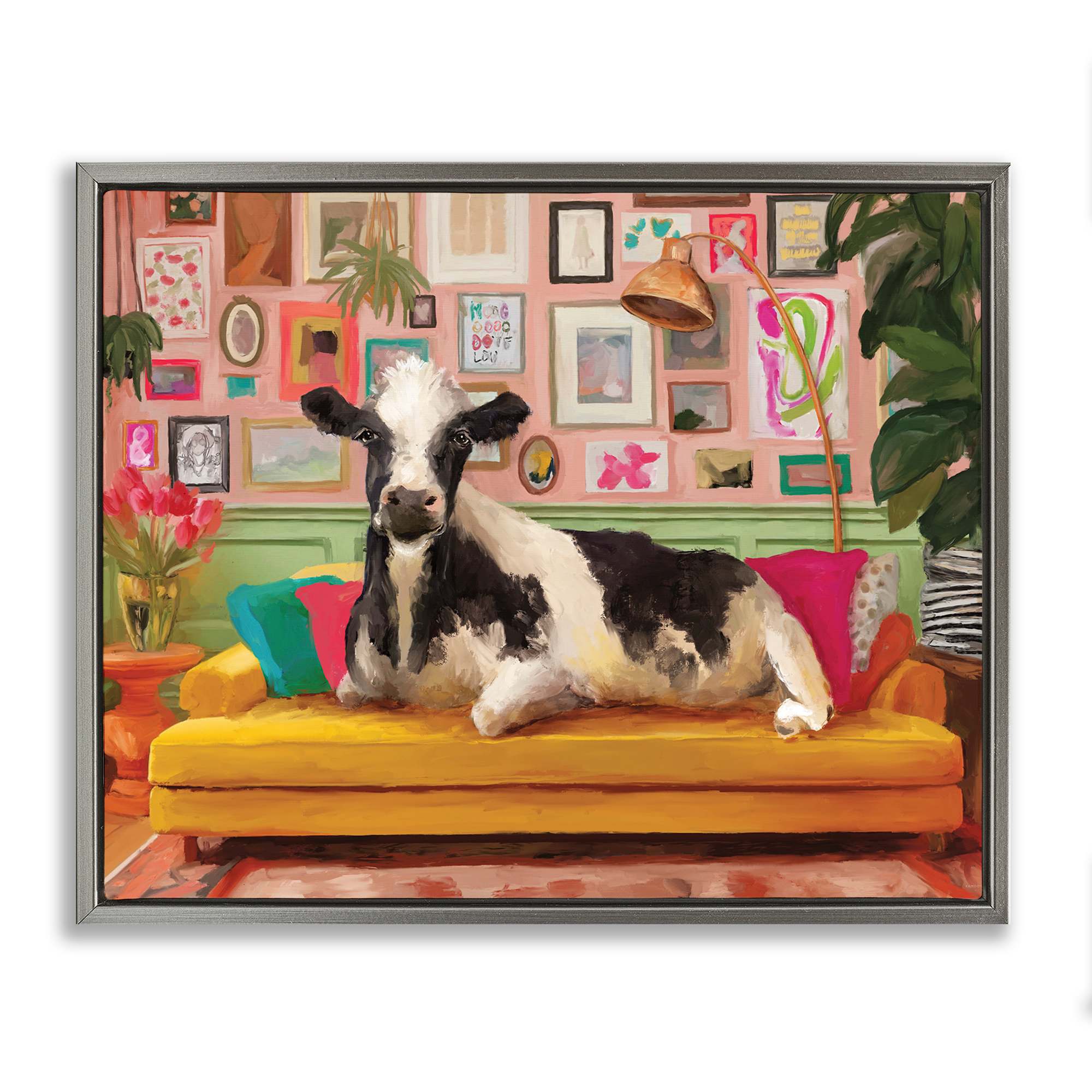 Stupell Industries BS-741-FFL-16X20 Cow in Whimsical Maximalist House Gray Framed Floater Canvas Wall Art By Kamdon Kreations 21 x 17