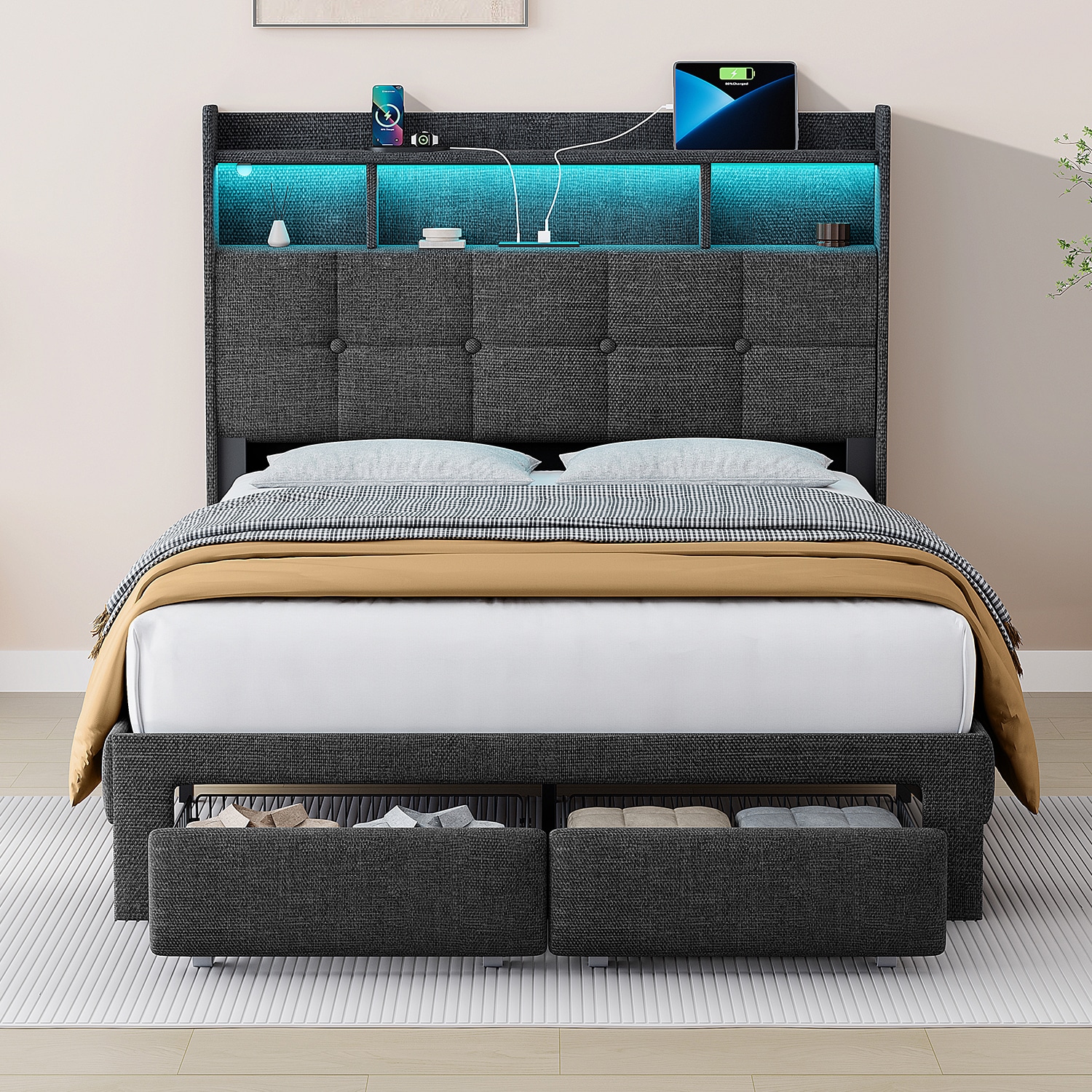 GZMR 660AAAUS-LC Full Size LED Bed Frame Dark Gray Full Wood and metal Bed frame Bed with Storage