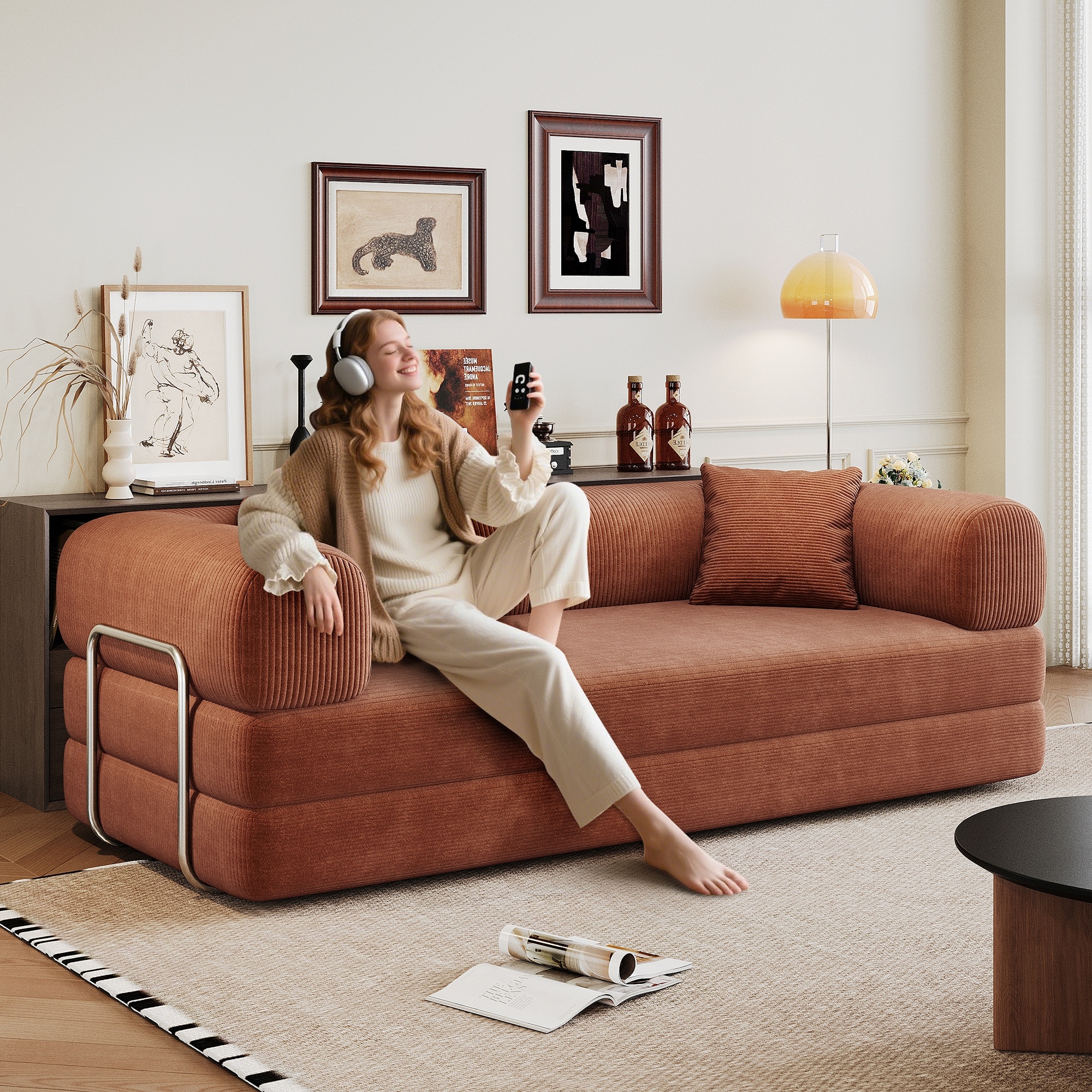 HyperDrop Cart 78.8in Convertible Compression Sofa Bed with Corduroy Fabric/ Pillow Back Support and Armrest/ Boneless Modular sofas for Living Room Bedroom - Brown