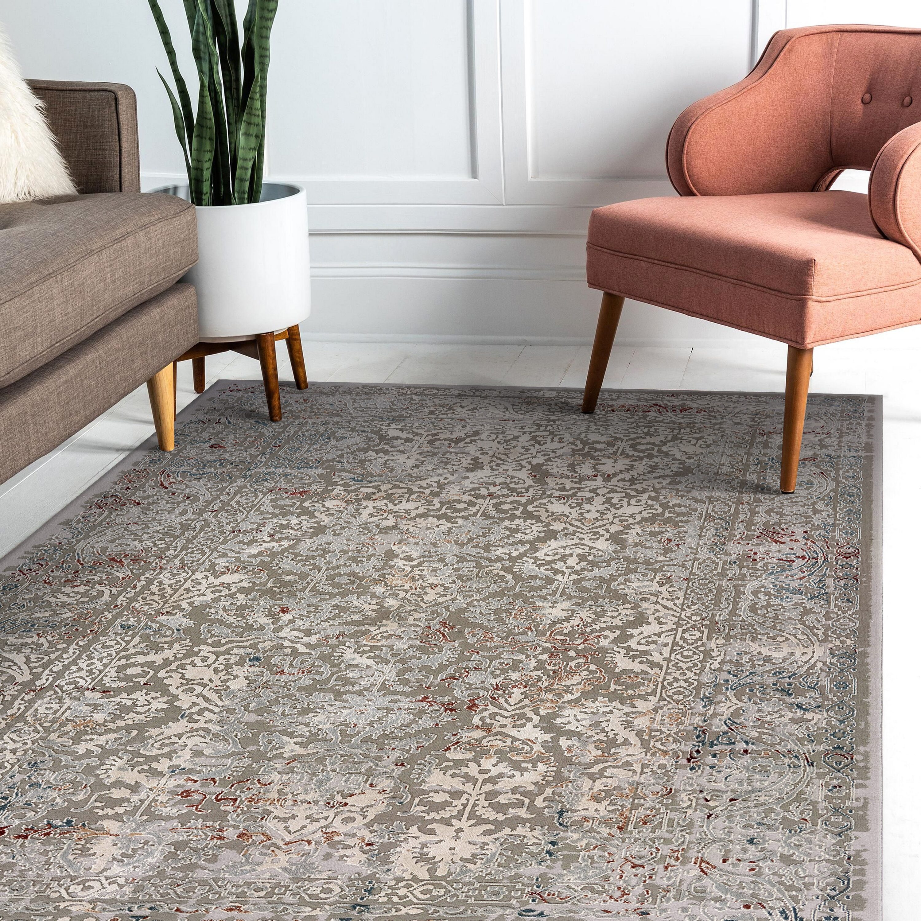 Gray and Ivory Hand-Knotted Oriental Synthetic Area Rug