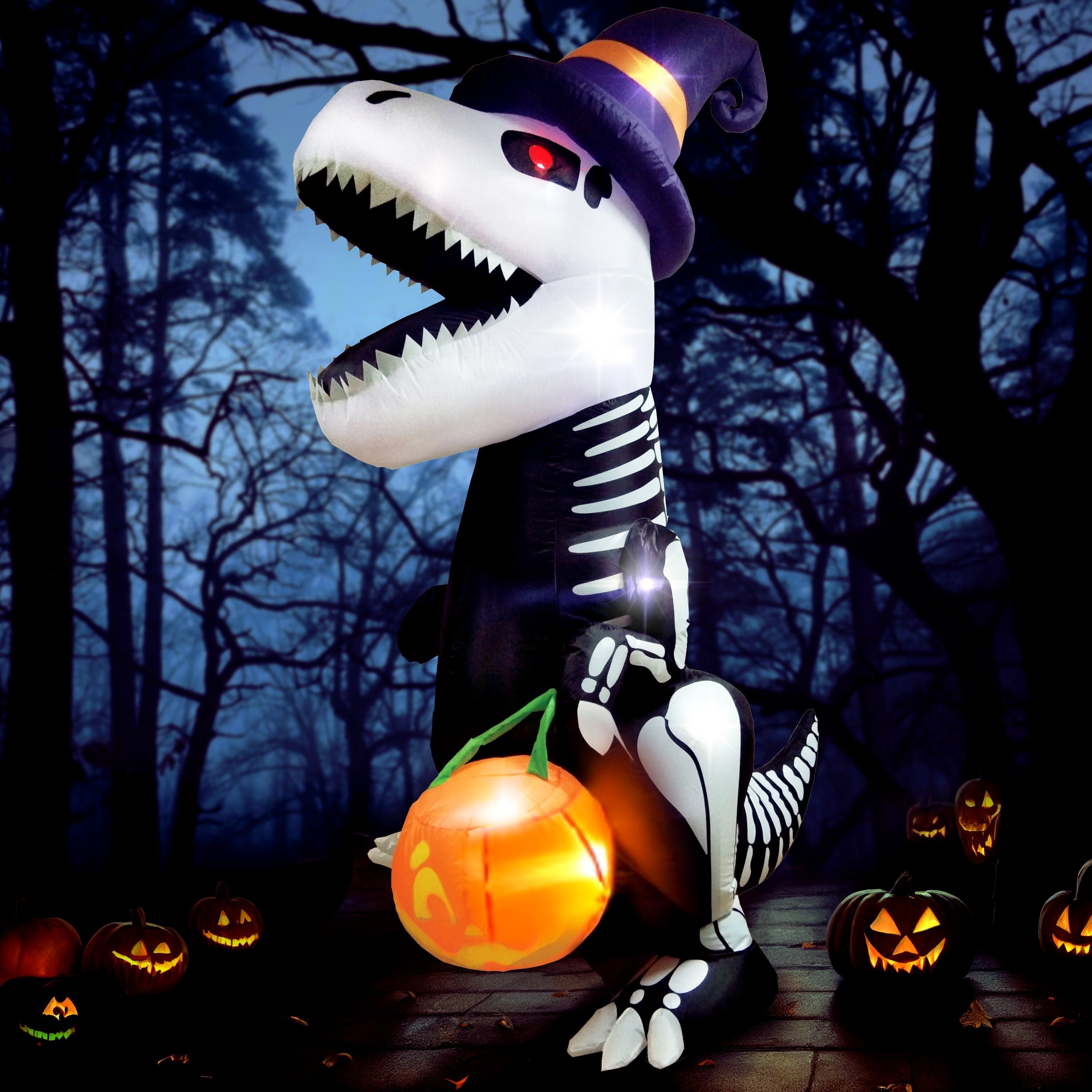 Halloween LED Inflatable of 8ft top Black Dinosaur Skeleton holding a Pumpkin