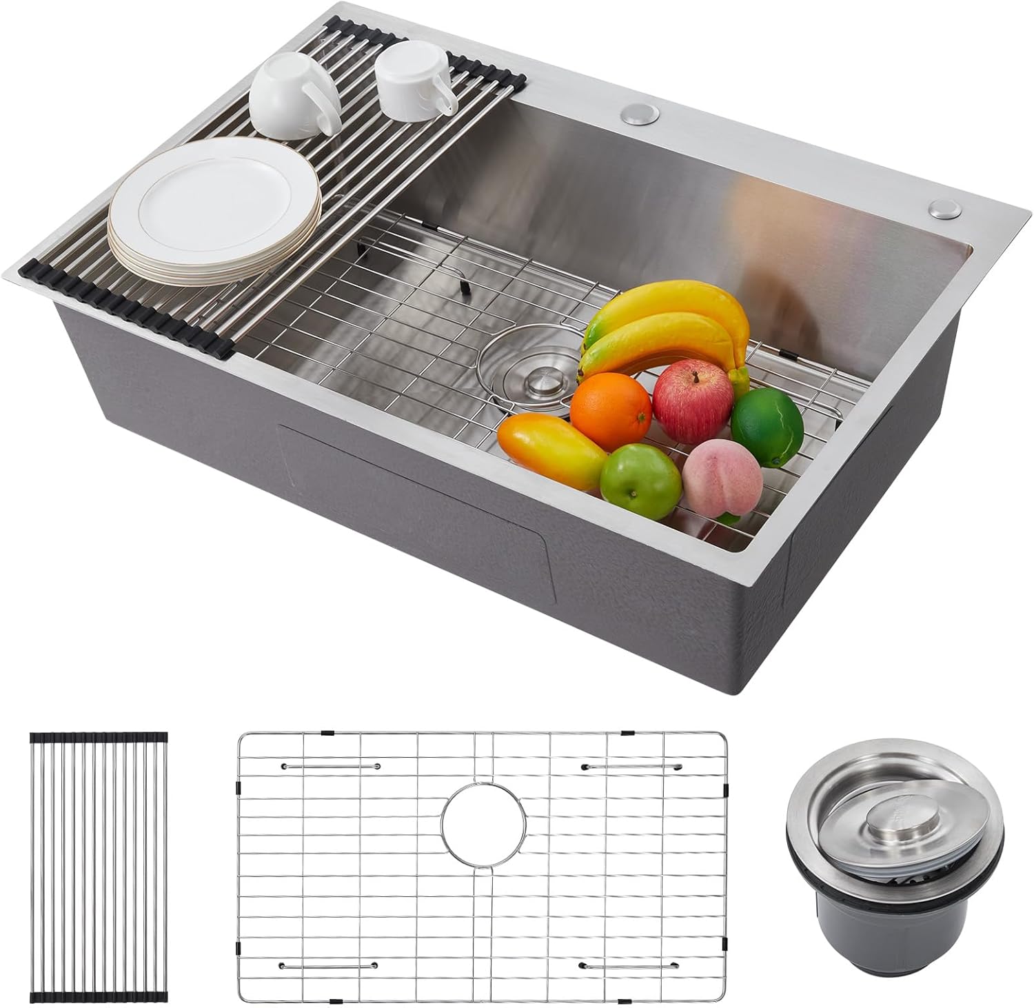Qeetex LHF-SC-QPVP09005 Drop In Kitchen Sink 33x22in - Kitchen Sink Ledge Workstation 304 Stainless Steel Topmount Deep Single Bowl Over Counter Kitchen Sinks Basin with Accessories for Workstation/Prep Kitchen/Bar Sink