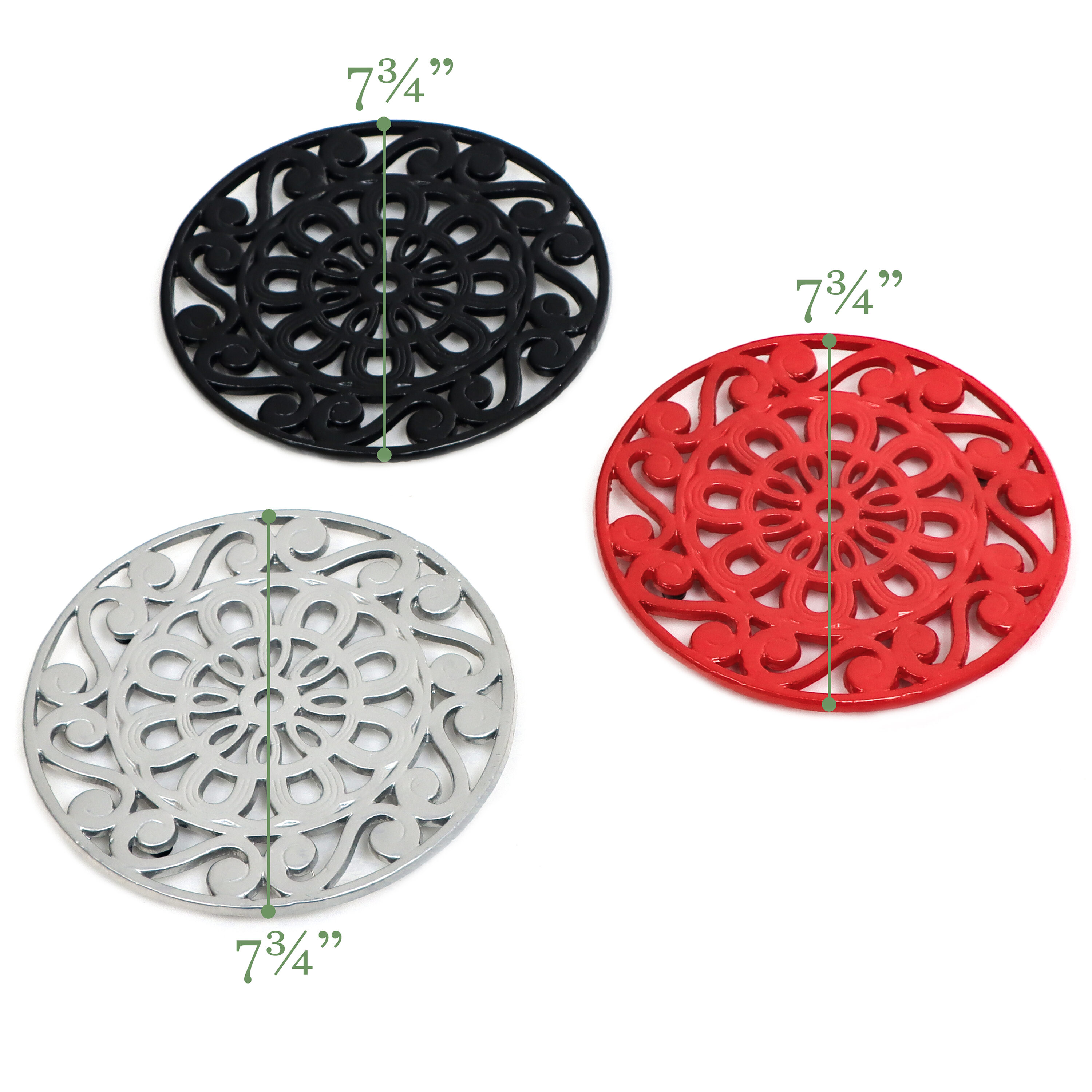 Set of 3 Decorative Black, Red, and Silver Cast Iron Trivets