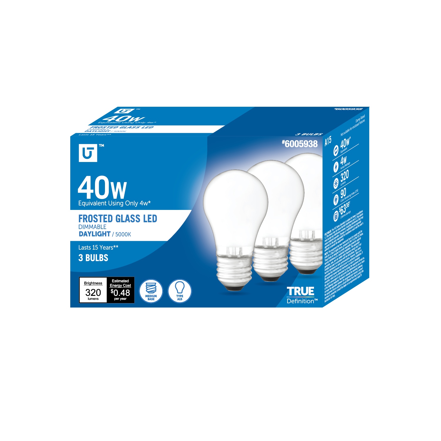 Utilitech 16A08-A15-F-4W-50 Frosted Glass 40 -Watt EQ A15 Daylight E26 Dimmable LED General purpose Light Bulb 3 -Pack