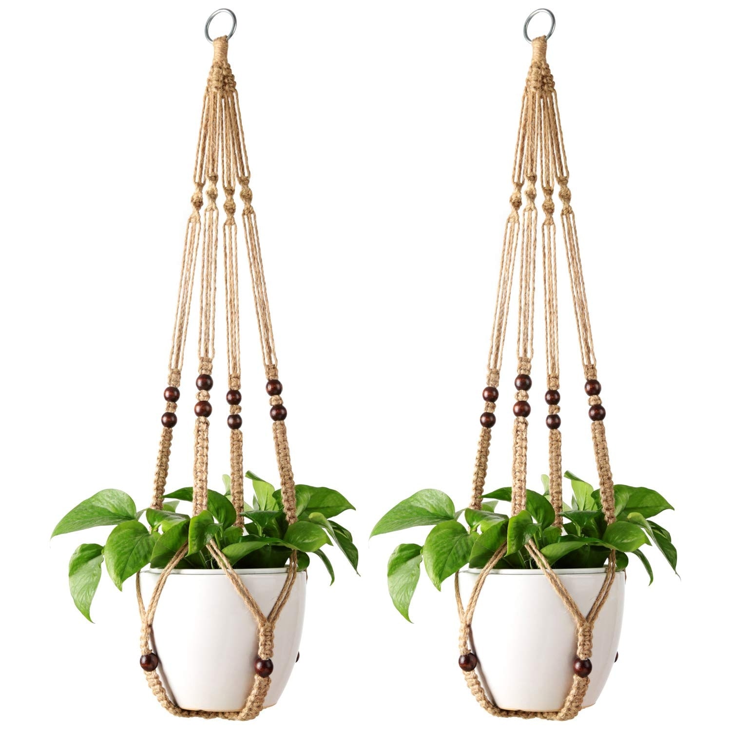 ITOPFOX Macrame Plant Hanger Indoor Jute Hanging Planter Basket with Wood Beads Decorative Flower Pot Holder for Home or Patio Brown 35 Inch Set #L05IT09051