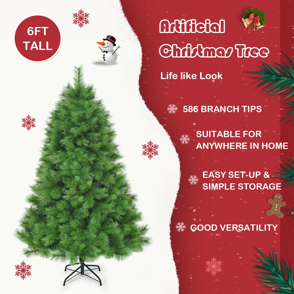 WELLFOR 6-ft Full Artificial Christmas Tree - Green, 586 Branch Tips ...