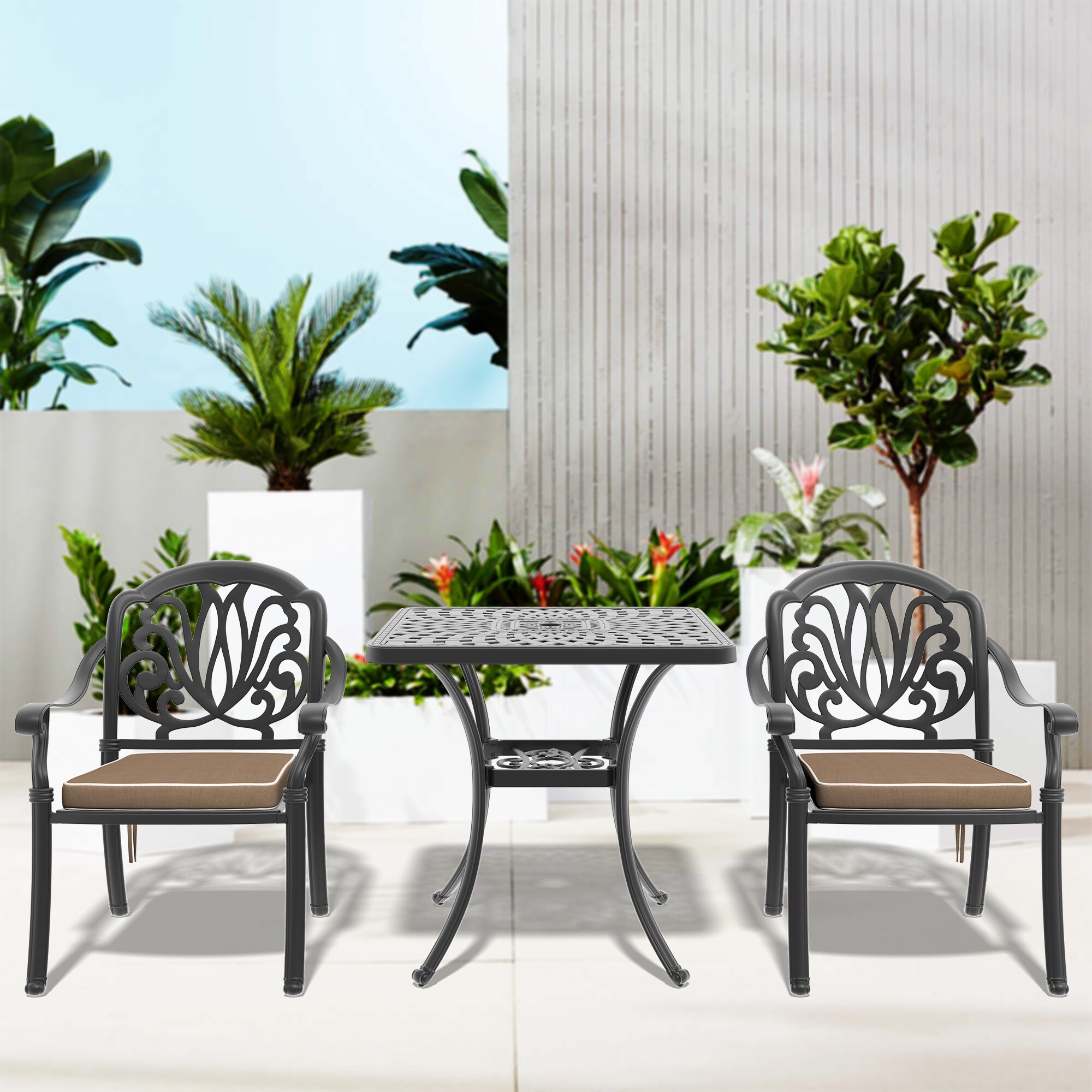 nicesure SLBK6002CZ2A1125RC 3 -Piece Black Patio Dining Set Aluminum Square Table with 2 Cushions Stackable Stationary Chairs