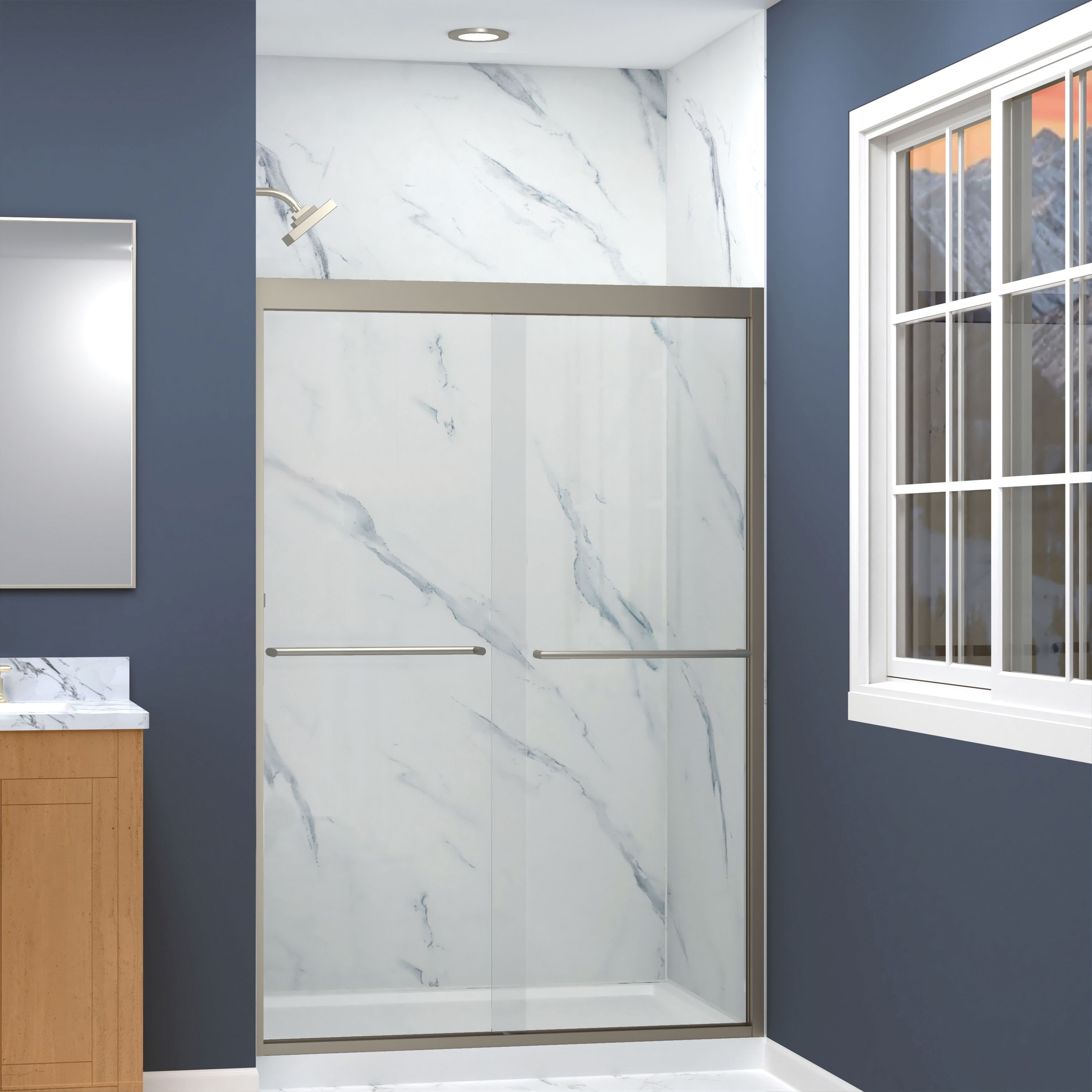 Transolid FBPT487008C-T-BN Frederick Brushed Stainless 45-3/4-in to 47-in x 70-in Semi-frameless Bypass Sliding Soft Close Shower Door