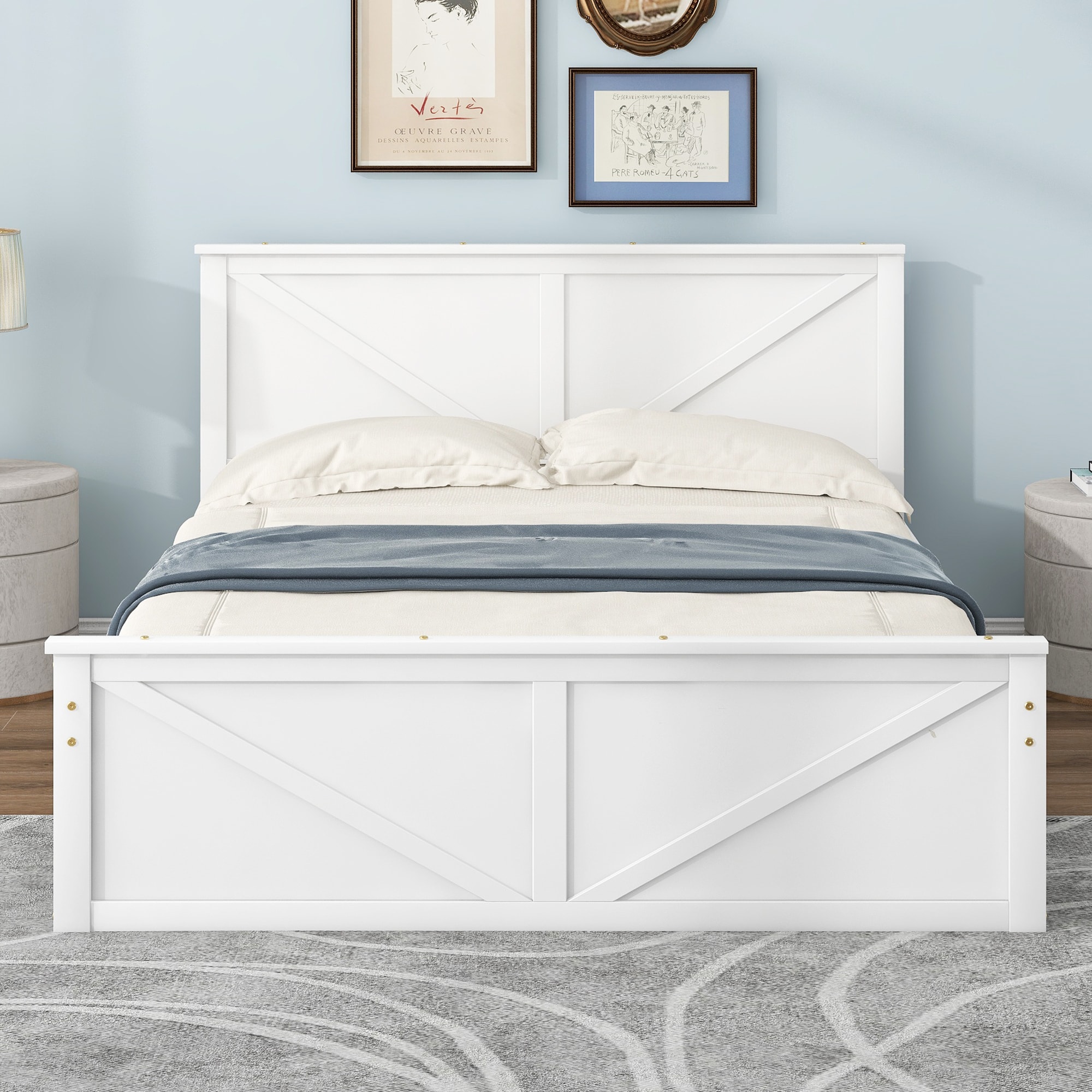 JIMSMAISON JMWMFB16W Antique White Queen Wood Platform Bed with Storage