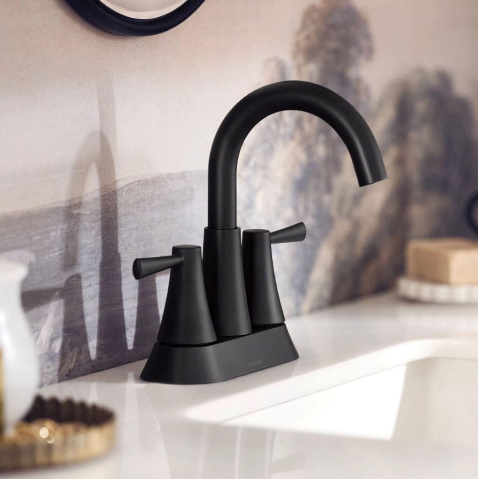 Moen 84022BL Ronan Matte Black 4-in centerset 2-handle WaterSense High-arc Commercial/Residential Handle Bathroom Sink Faucet with Drain