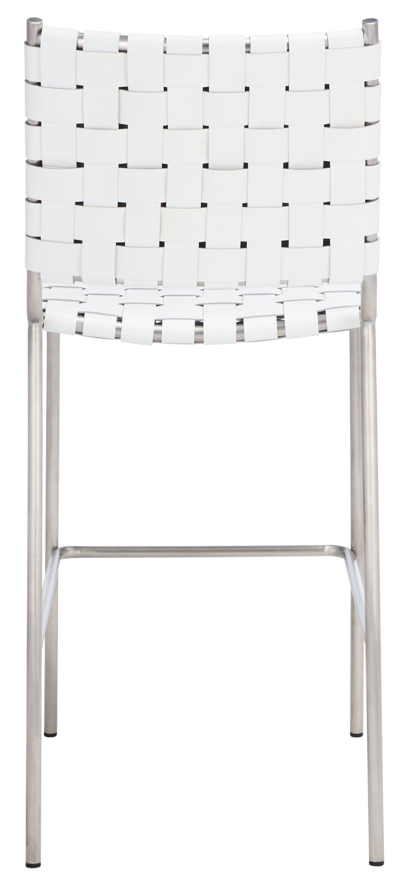 Saddle Style Woven White Leather Counter Stool with Silver Metal Base