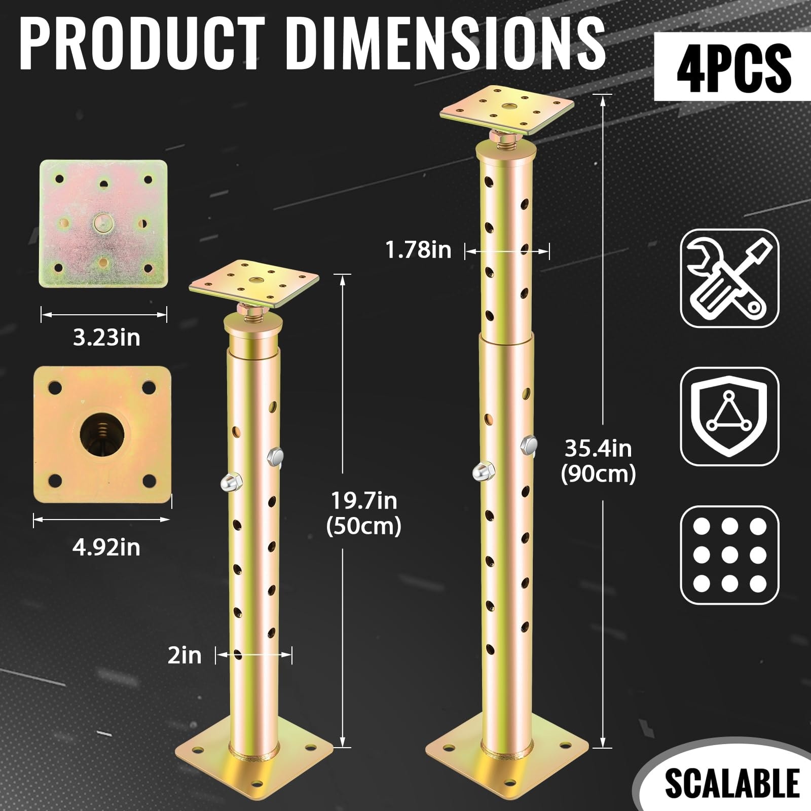 Etokfoks  Adjustable Floor Jacks 4 Pack Galvanized Steel Leveling Supports 19 7 to 35 4 in Height for Temporary Basement Joist Lifting