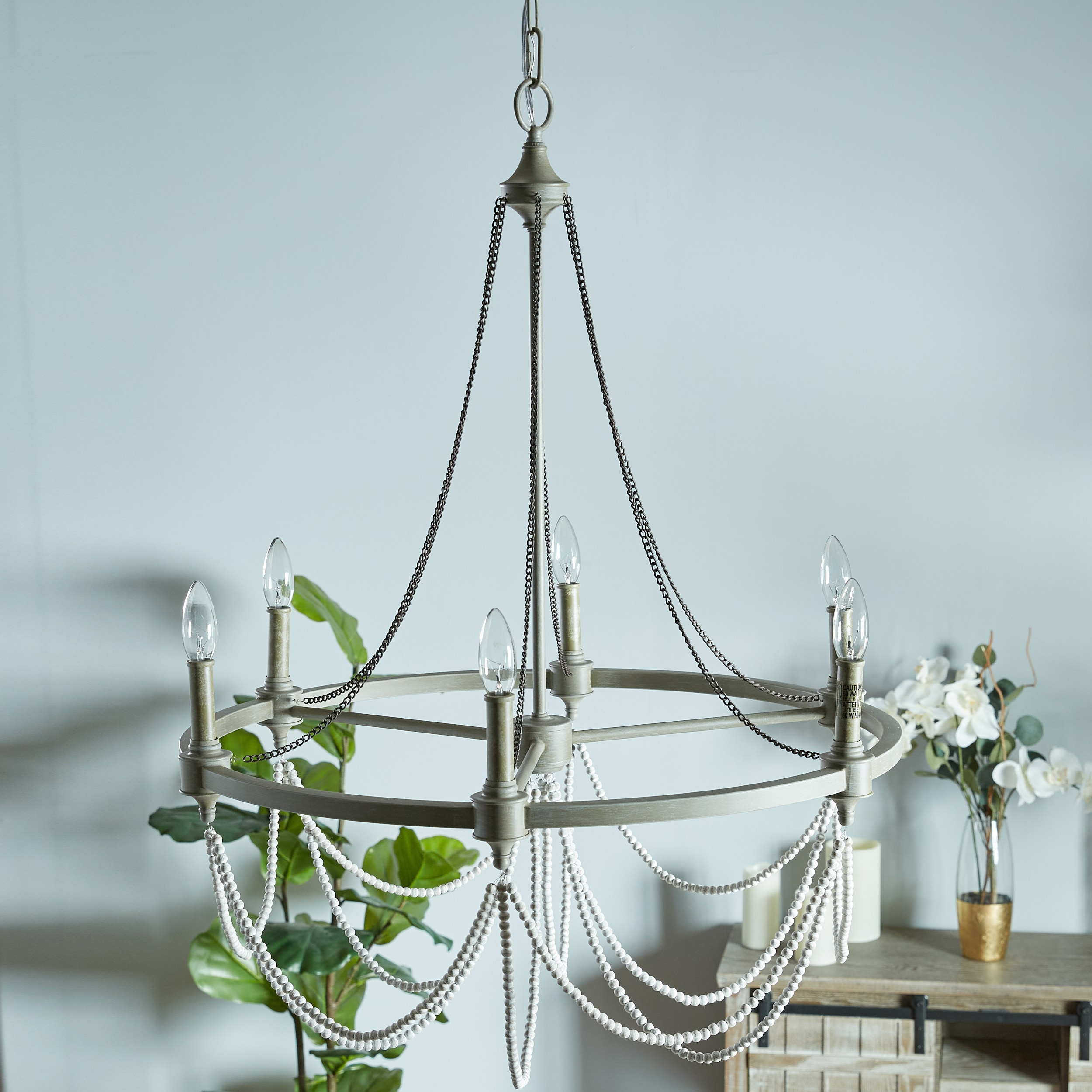 Beverly 28" French Washed Oak & Distressed White 6-Light Chandelier