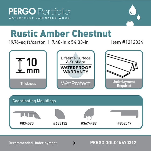 Pergo Portfolio + WetProtect Waterproof Rustic Amber Chestnut 7.48-in W x 54.33-in L Embossed Wood Plank Laminate Flooring Pergo Portfolio + WetProtect Waterproof Rustic Amber Chestnut 7.48-in W x 54.33-in L Embossed Wood Plank Laminate Flooring