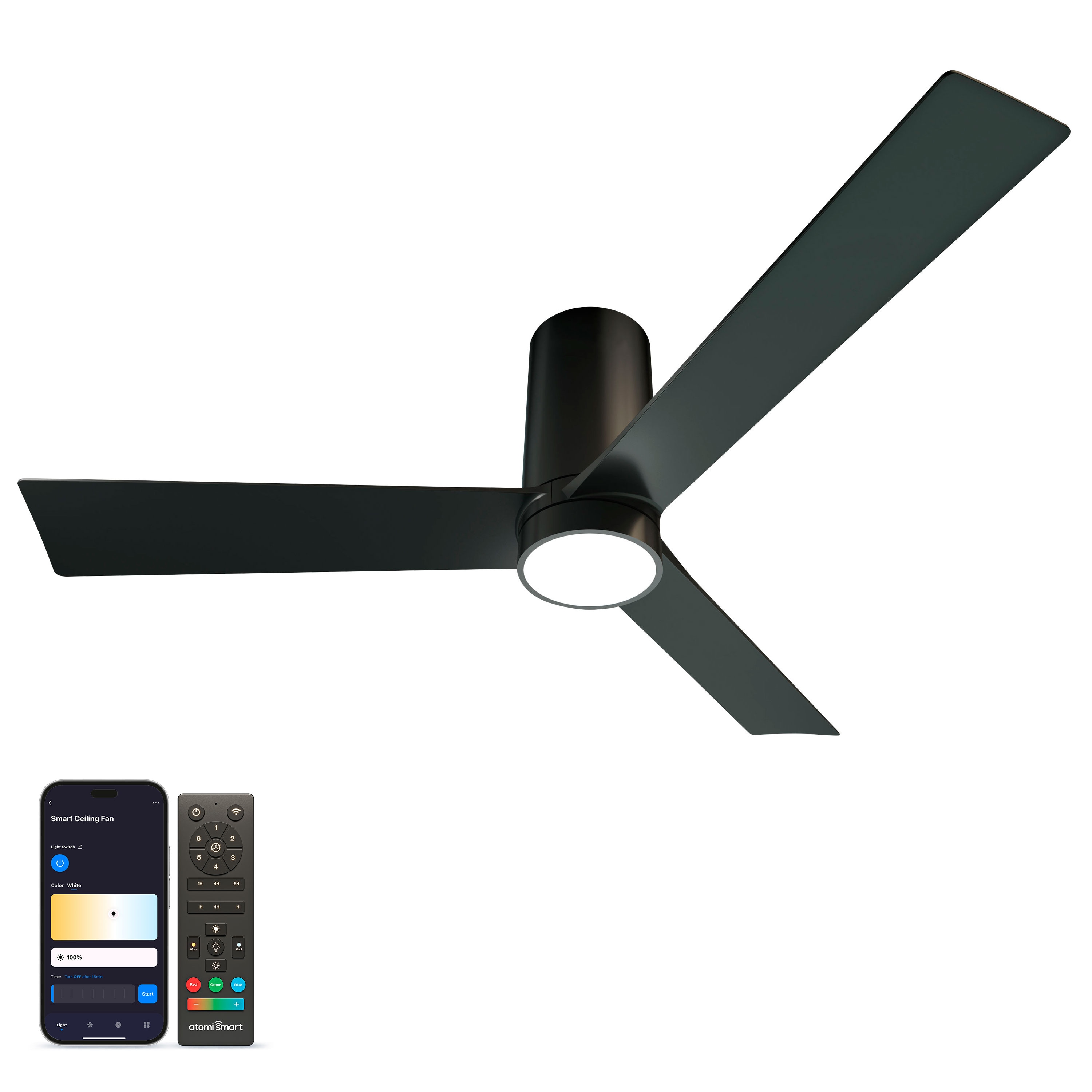 atomi smart AT2480-BB Nouvo 52-in Color-Changing Integrated LED Smart Pearl Black with Pearl Black Blades Ceiling Fan With Light - Remote Included ( 3 -Blade )