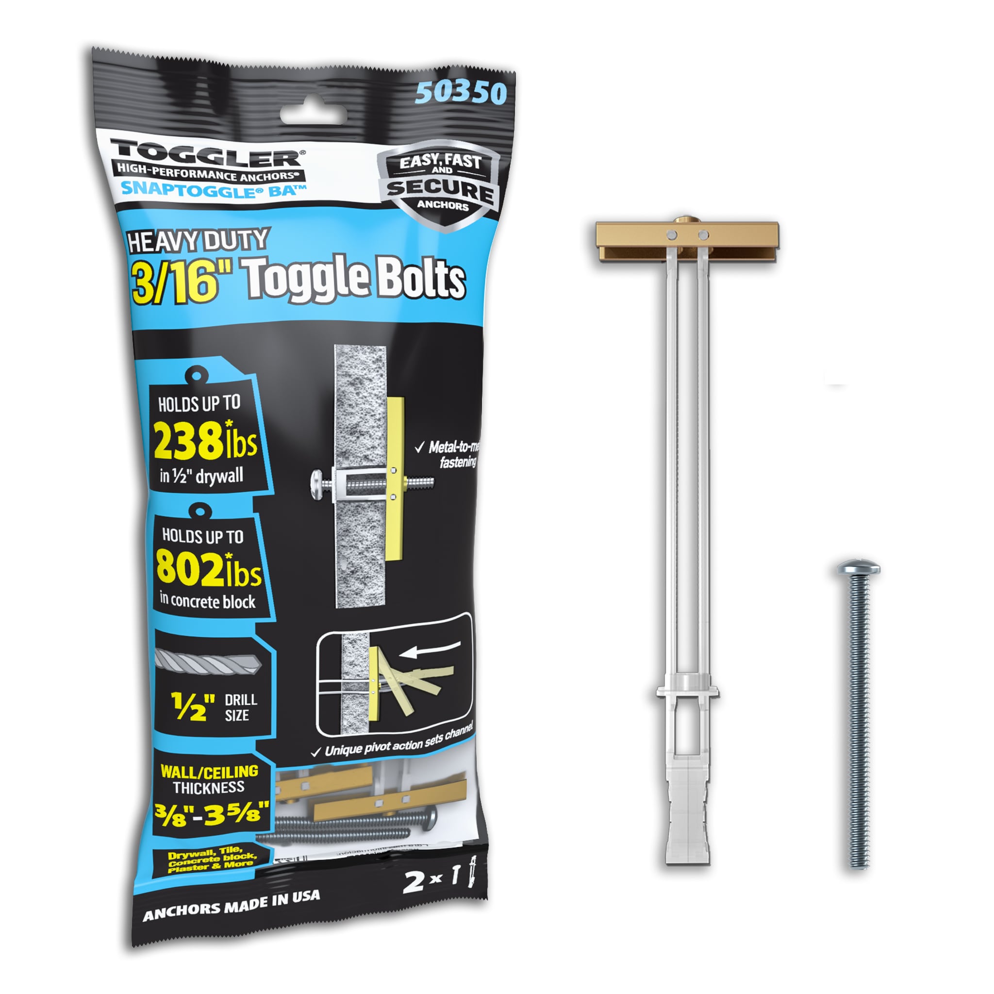 TOGGLER 50350 802-lb 3/16-in x Assorted length Toggle Bolt Drywall Anchors with Screws Included 2 -Pack