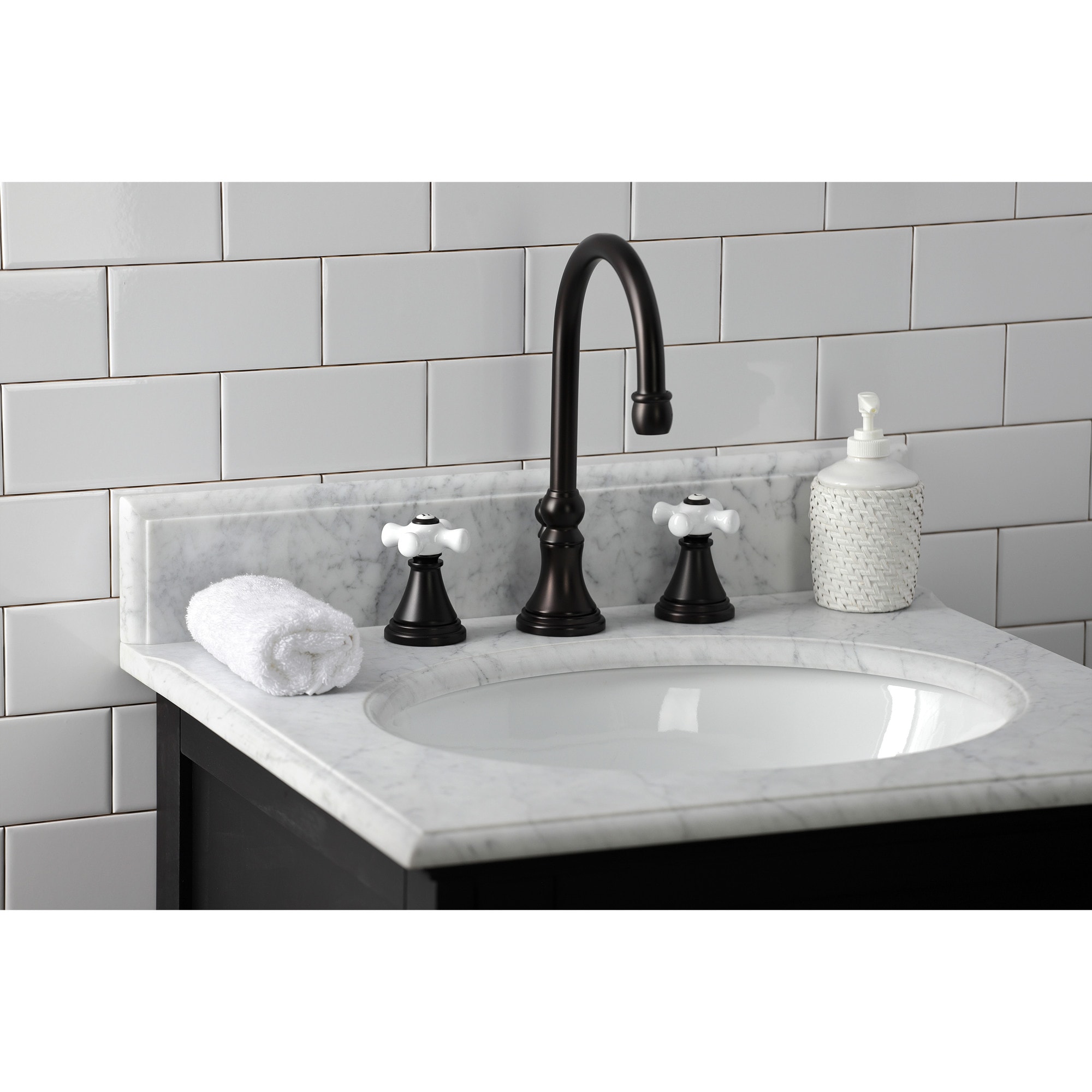 Elements of Design ES2985PX Oil-rubbed bronze Widespread 2-handle High-arc Residential Handle Bathroom Sink Faucet with Drain