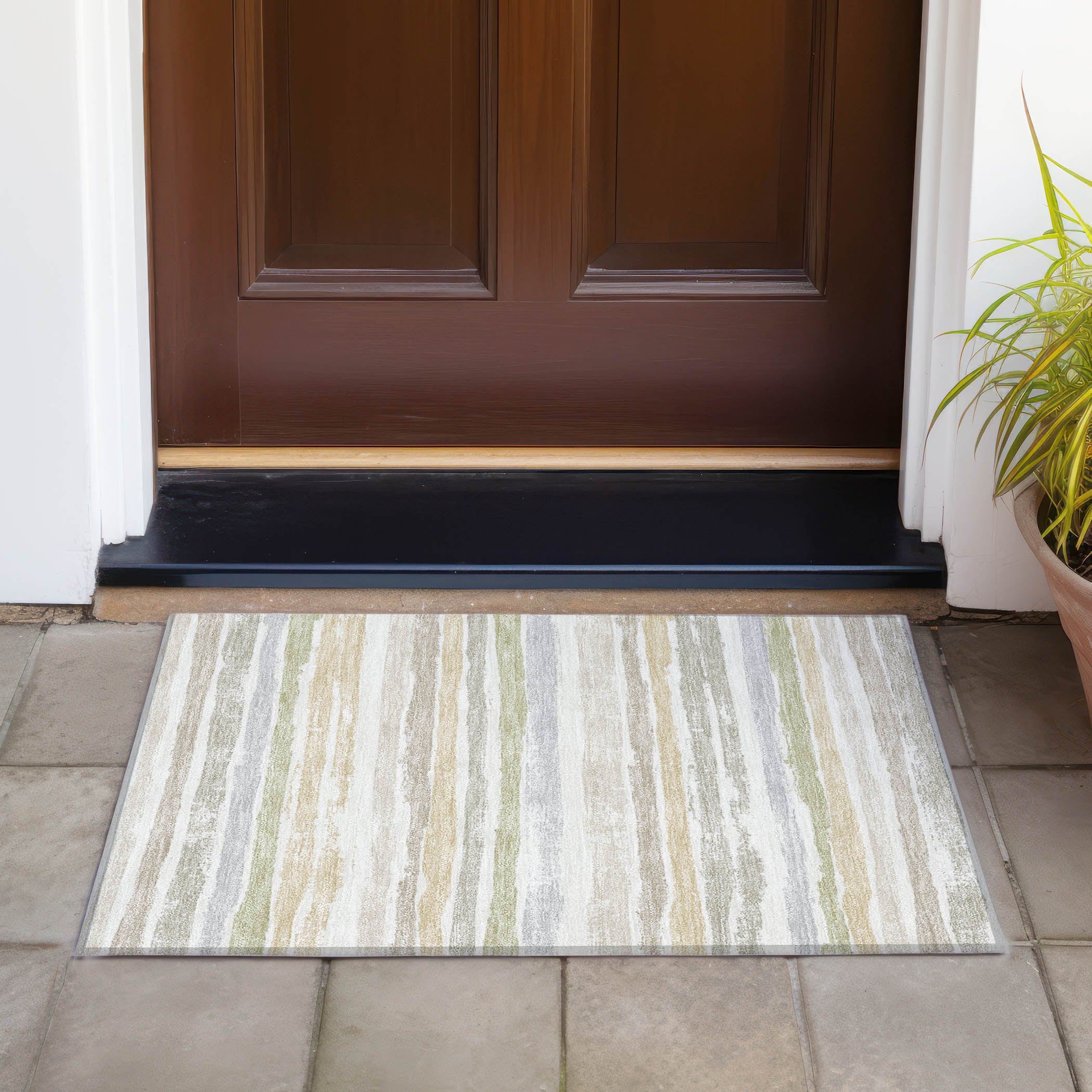 Ivory and Gray Striped Indoor Outdoor Area Rug