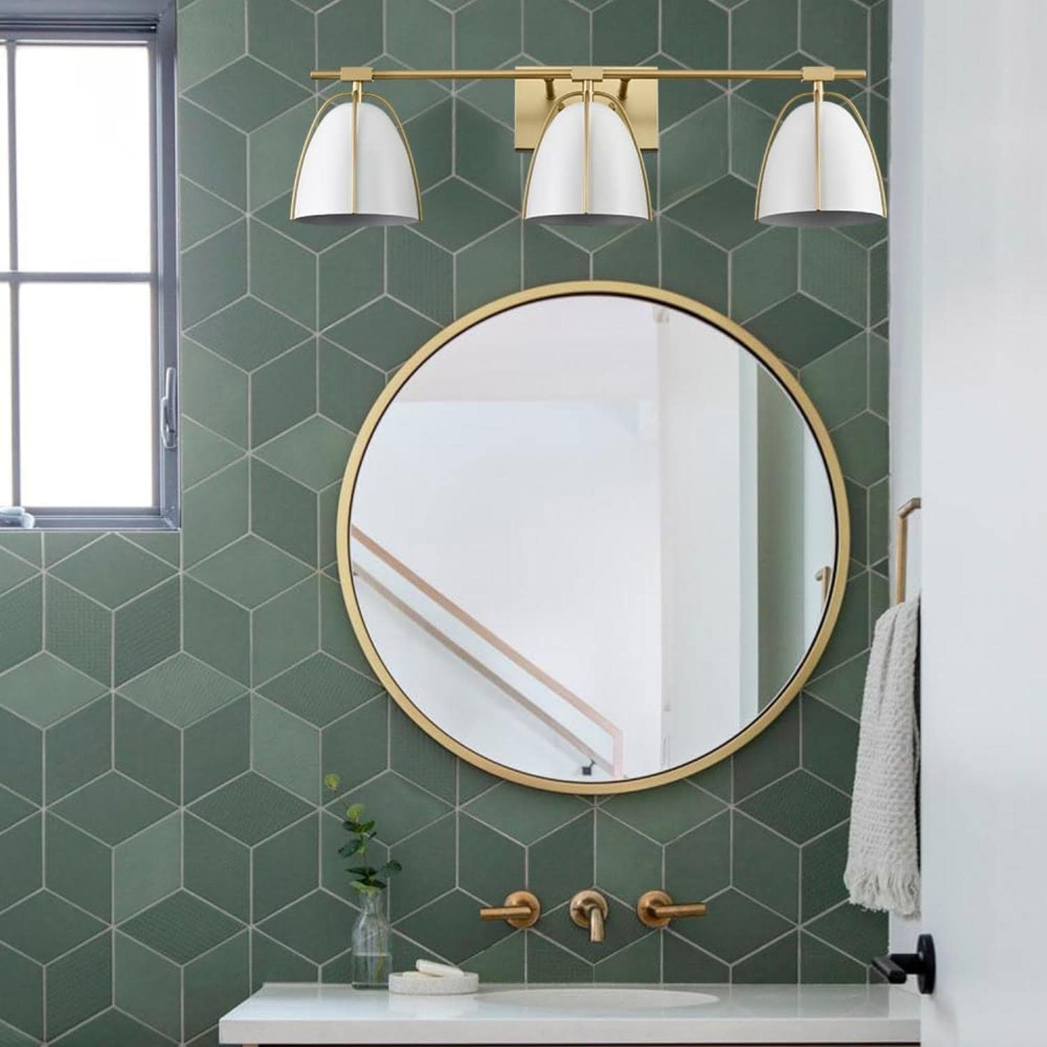 Brushed Brass 29" Vanity Light with White Metal Dome Shades