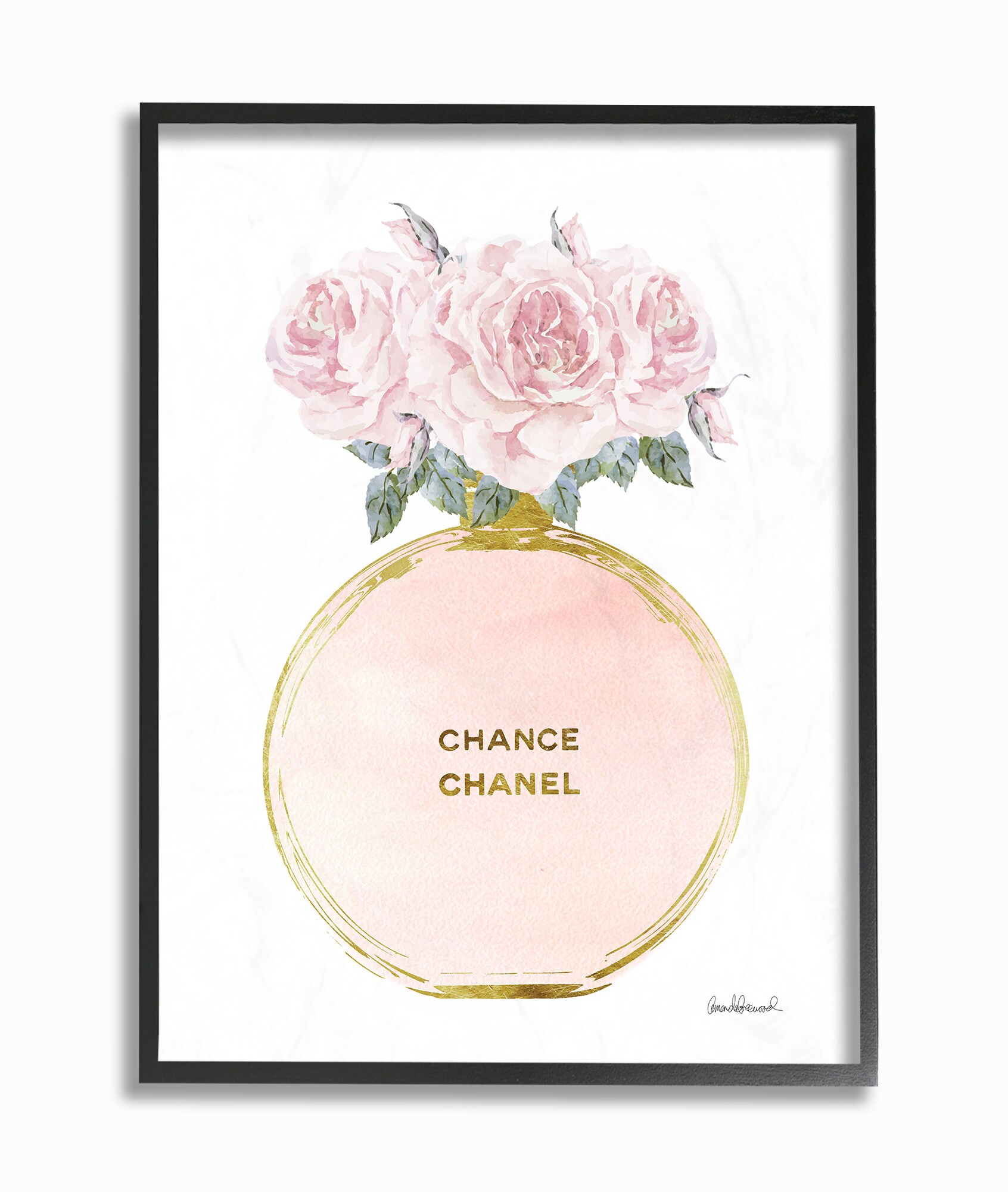 Stupell Industries Pink and Gold Round Perfume Bottle with Roses Framed  14-in H x 11-in W Novelty Wood Print at
