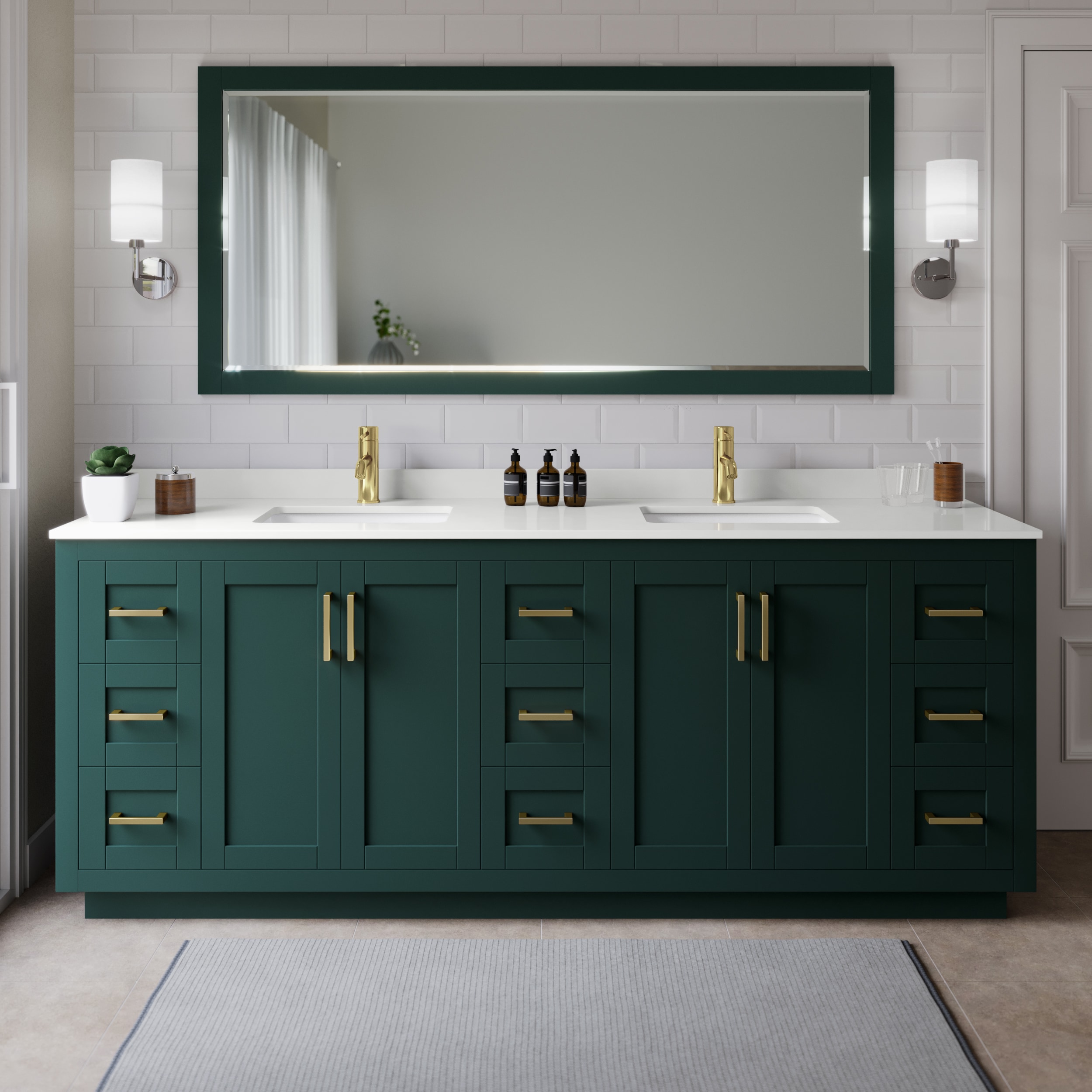 Wyndham Collection WCF292984DGDWQUNSM70 Miranda 84-in Green Undermount Double Sink Bathroom Vanity with White Quartz Top (Mirror Included)