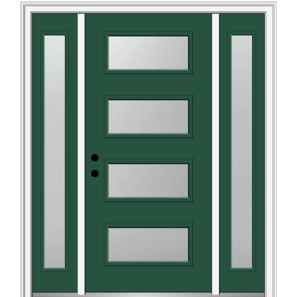 MMI DOOR ZZ346998R Spotlights 60-in x 80-in x 4-9/16-in Fiberglass Pulse lite Right-hand inswing Hunter Green Painted Prehung Front Door with Sidelights with Brickmould Insulating core