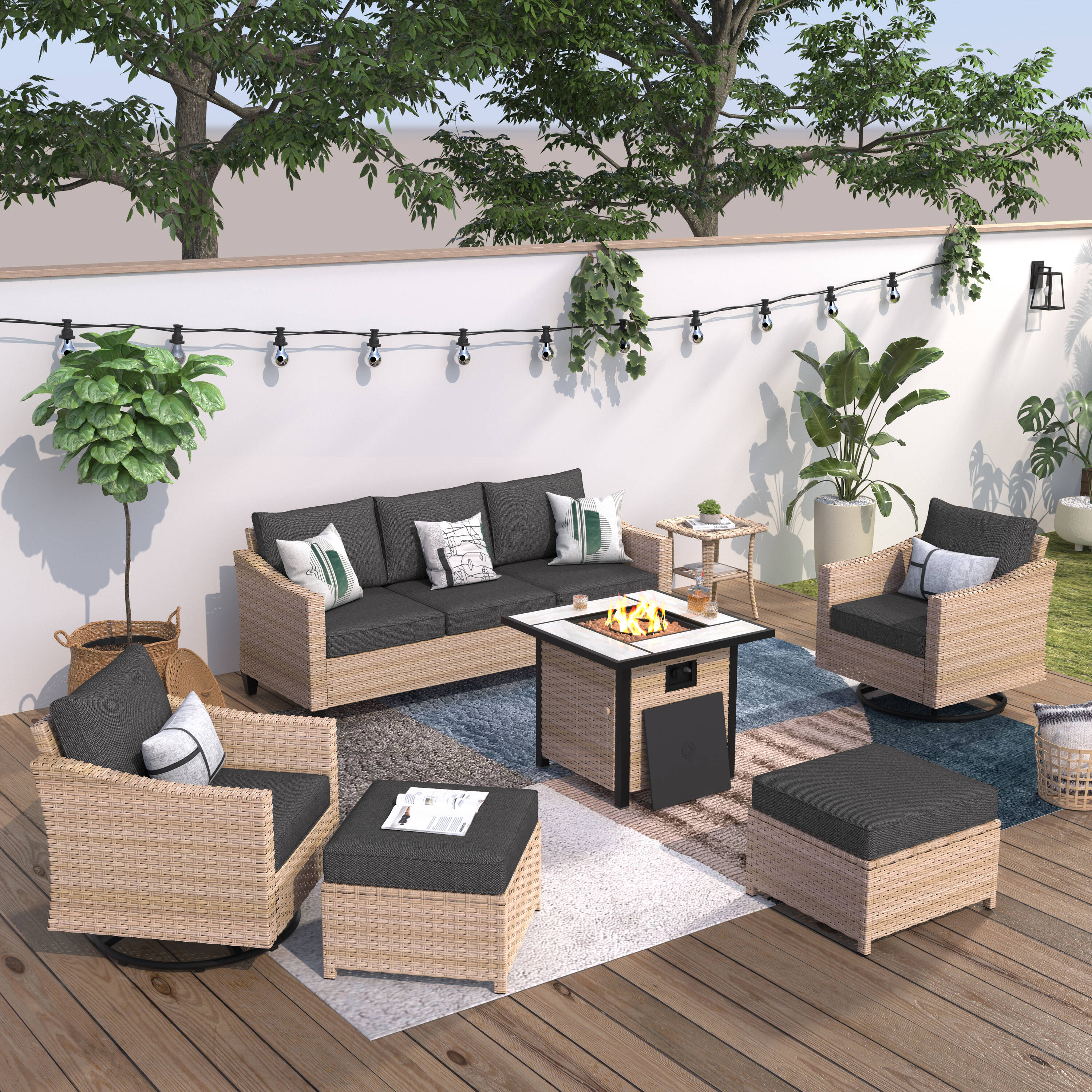 XIZZI XIMW104-8RC Aries 7 -Piece Wicker Patio Sofa Conversation Set with Black Cushions