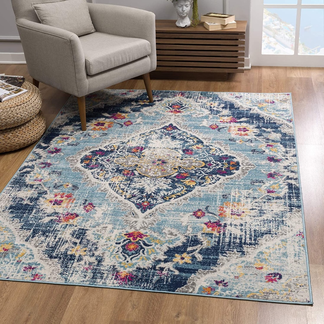 HomeRoots 4000392974 2 x 10 (ft) Polypropylene Blue Rectangular Indoor Medallion Runner rug