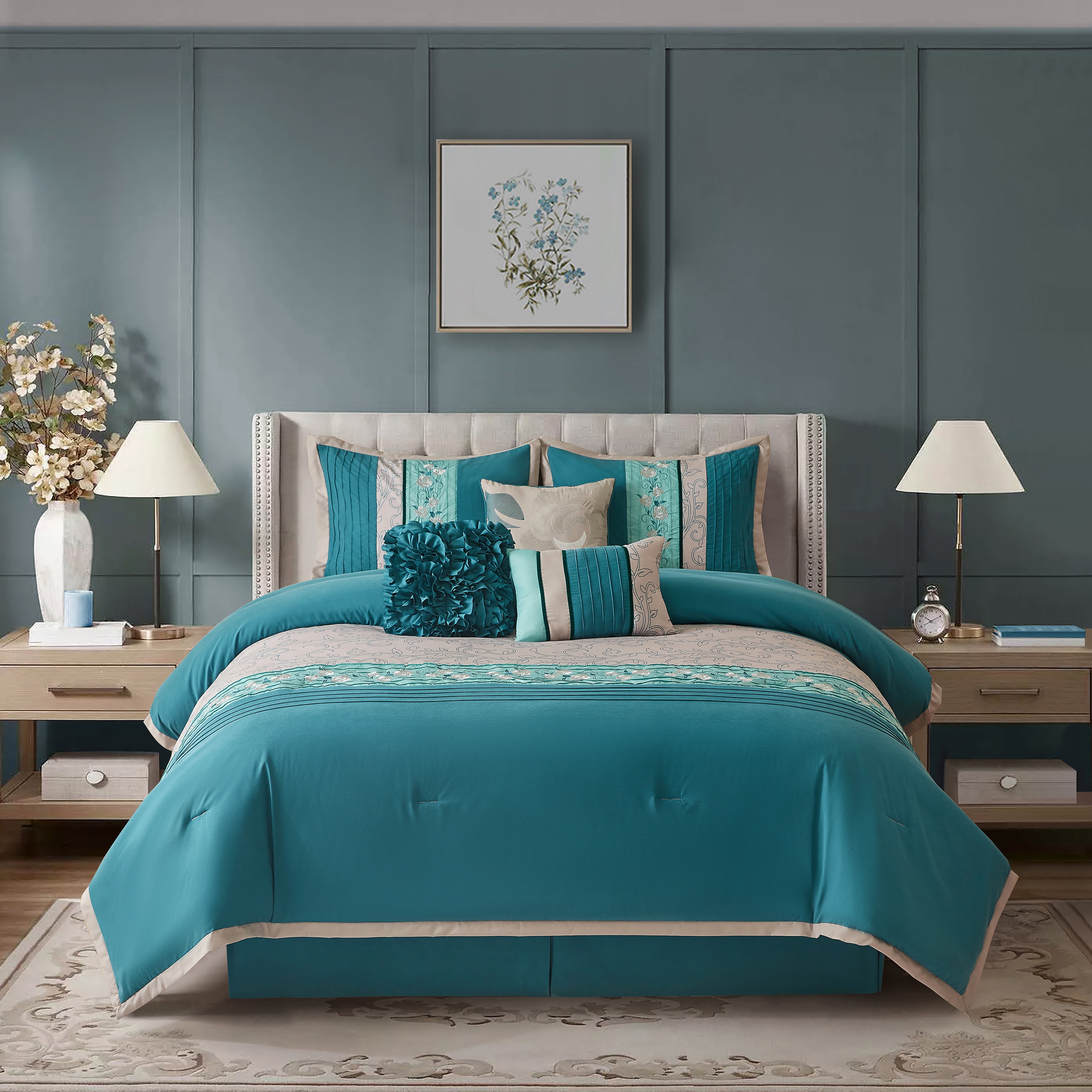 Nanshing JULIANA7-K 7 -Piece Teal and Gray King Comforter Set
