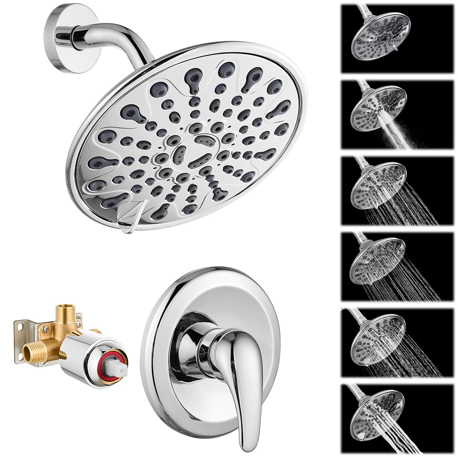 GOTONOVO 6-Mode Rain Shower Faucet Set with Pressure Balance Valve and Single Handle Polished Chrome Finish 6 Inch ABS Showerhead 1/2 Inch NPT Complete Trim Kit
