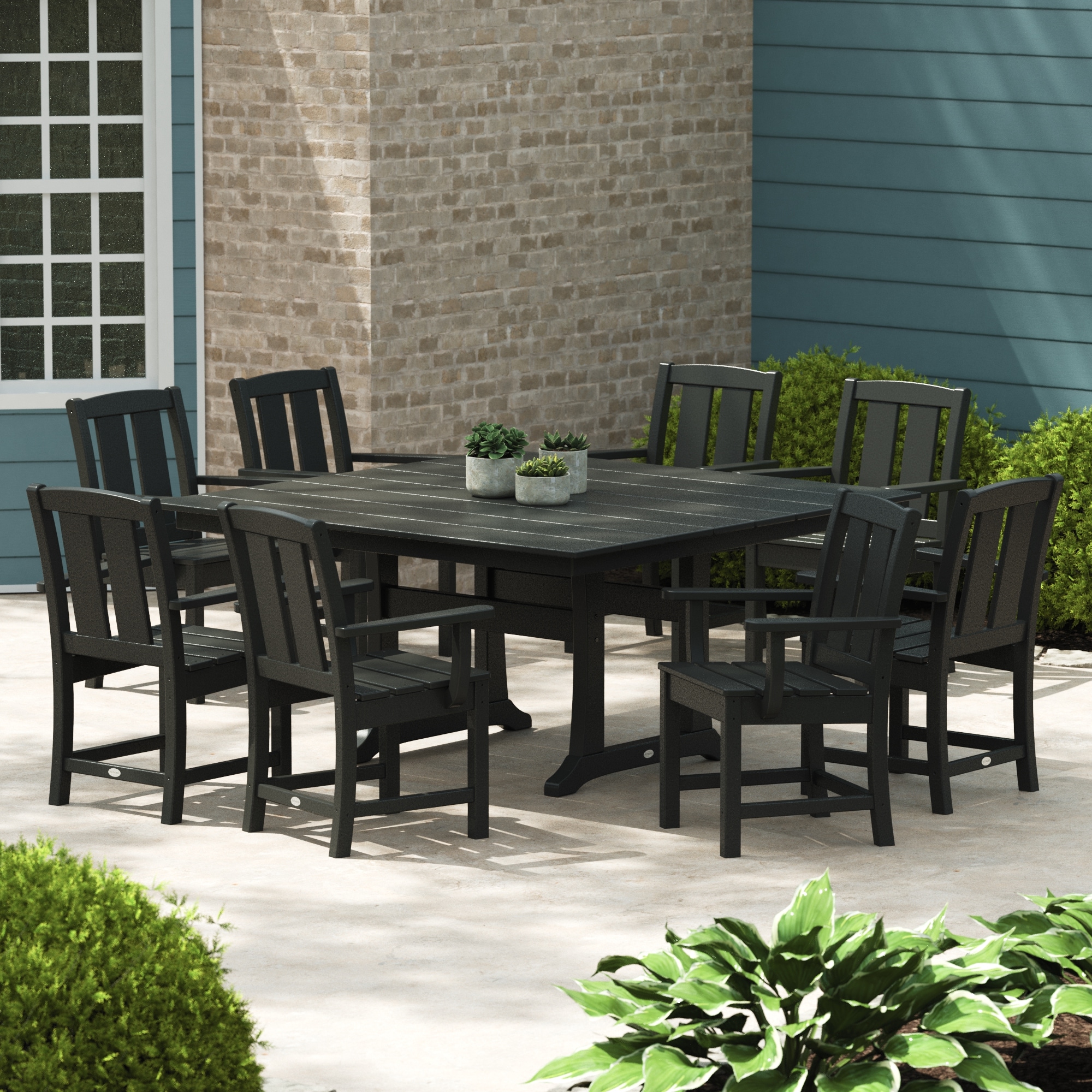 POLYWOOD Mission 9 -Piece Black Patio Dining Set HDPE Square Table with 8 Stationary Chairs