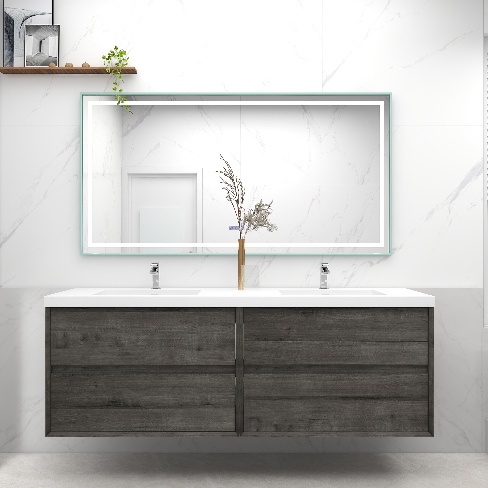 BV Better Vanity SLIM72D-SO Kingdee 72-in Smoke Oak Double Sink Floating Bathroom Vanity with White Acrylic Top